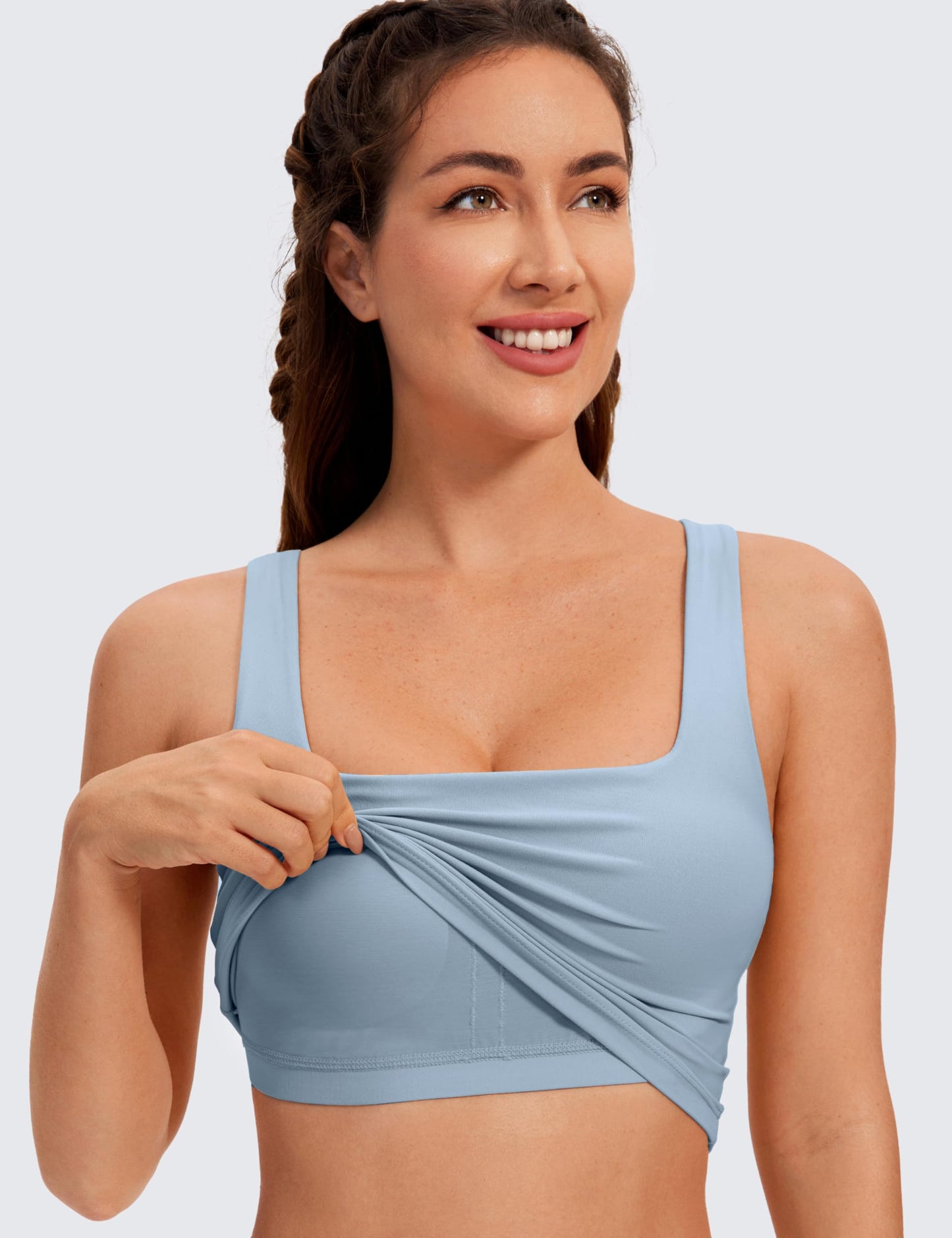 CRZ YOGA Butterluxe Womens Square Neck Longline Sports Bra - Workout Crop Tank Tops Padded with Built in Shelf Yoga Bra Cambric Blue XX-Small