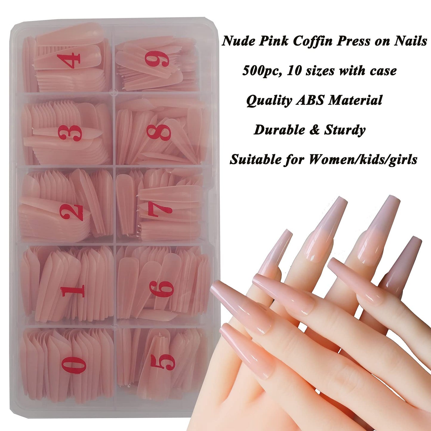 500pc Nude Pink Coffin False Nails Press on Full Cover Ballerina Fake Acrylic Nail Tips Manicure Fingernails Design Decor with Case for Women Girls Home Salon DIY (Nude Pink)