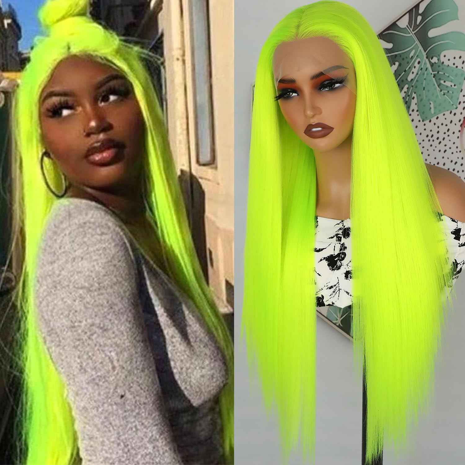 Lezaxiu Fluorescent Green Lace Front Wig Long Straight Hair Neon Green Wig Heat Resistant Fiber Hair Synthetic Lace Front Wigs for Fashion Women 24 Inch