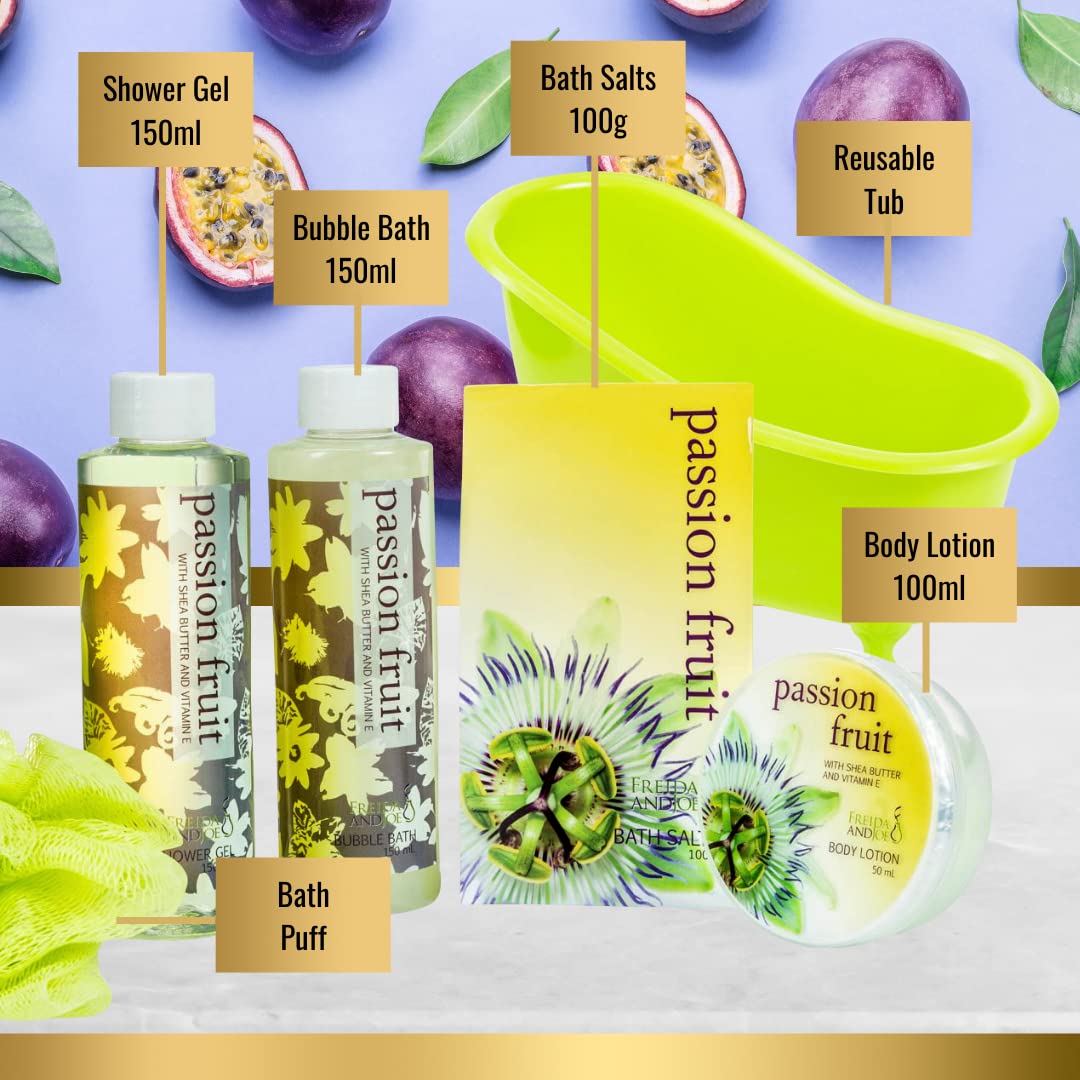 Home Spa Bath Basket Passion Fruit Fragrance Bath & Body Set For Women Contains Shower Gel, Bubble Bath, Body Lotion, Bath Salt in Green Tub