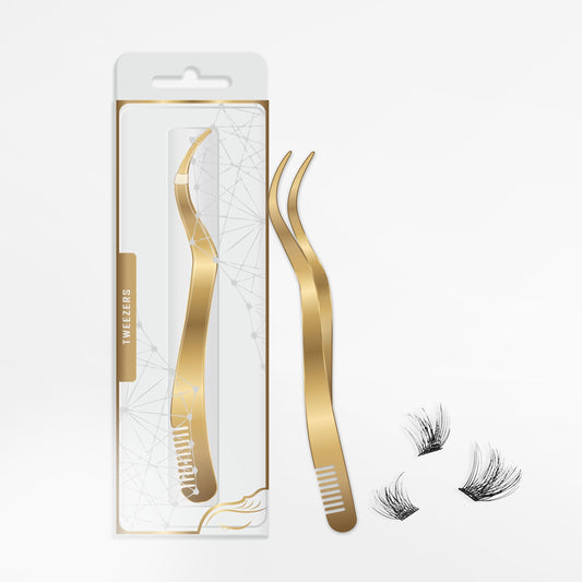 2 in 1 Lash Tweezer with Comb, Eyelash Extension, Stainless Steel Elbow Tweezers, Precise Eyebrow Tweezers Tool, Lashes Tweezer Applicator for DIY Applying False Eyelashes Clusters, Gold