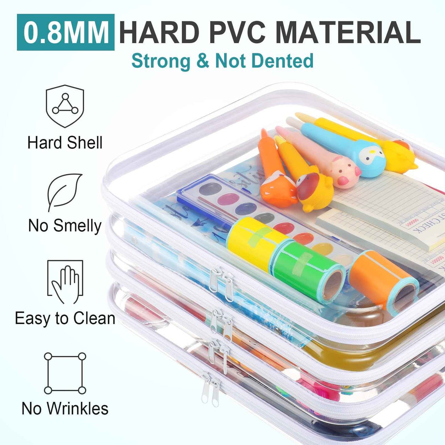 Hoolerry 4 Pcs Hard Clear Zipper Case Makeup Bags Plastic Pencil Pouch Transparent Storage Box Containers for Cosmetics, Snacks, Building Blocks, Puzzles(White,13.8 x 11.8 x 2 in)