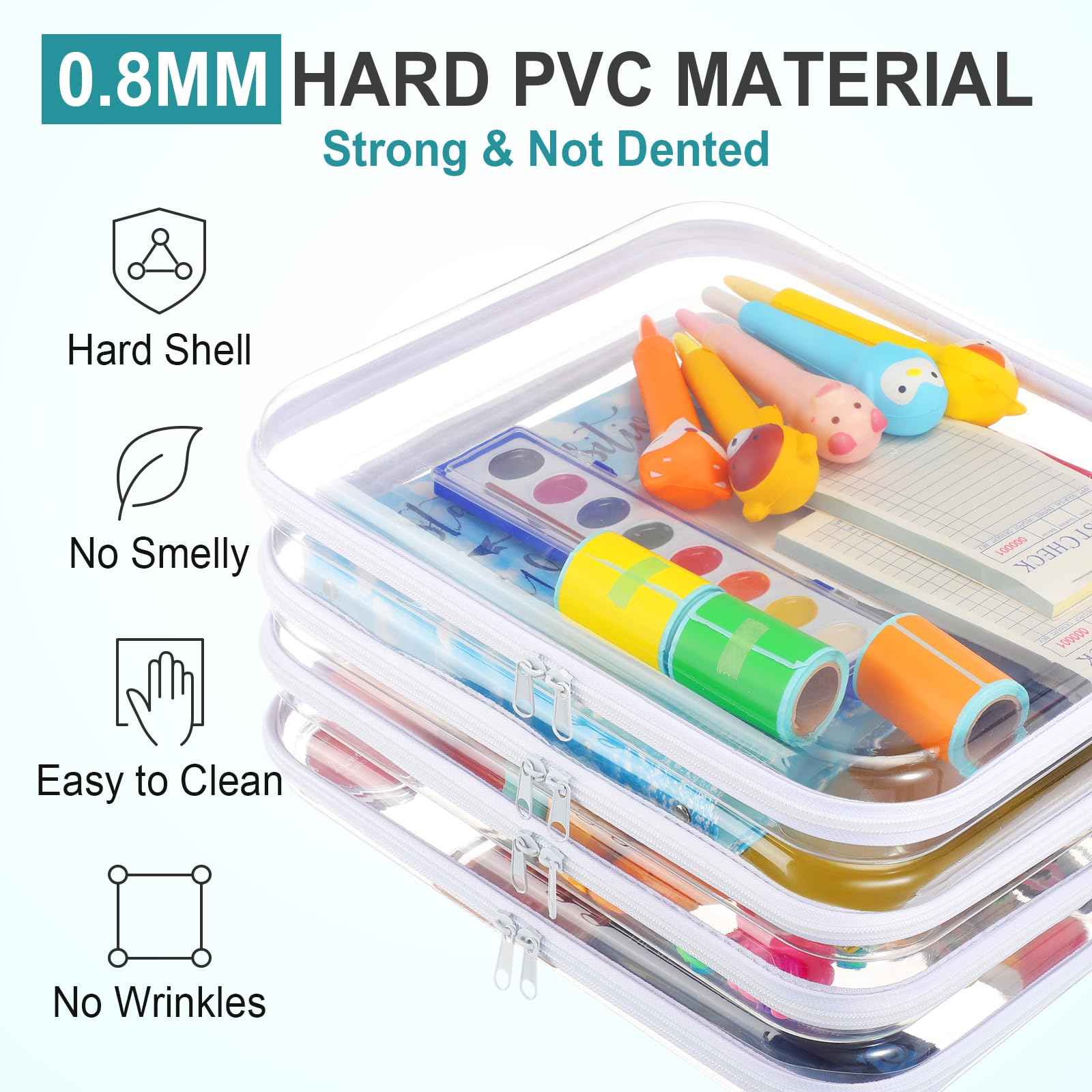 Hoolerry 4 Pcs Hard Clear Zipper Case Makeup Bags Plastic Pencil Pouch Transparent Storage Box Containers for Cosmetics, Snacks, Building Blocks, Puzzles(White,13.8 x 11.8 x 2 in)