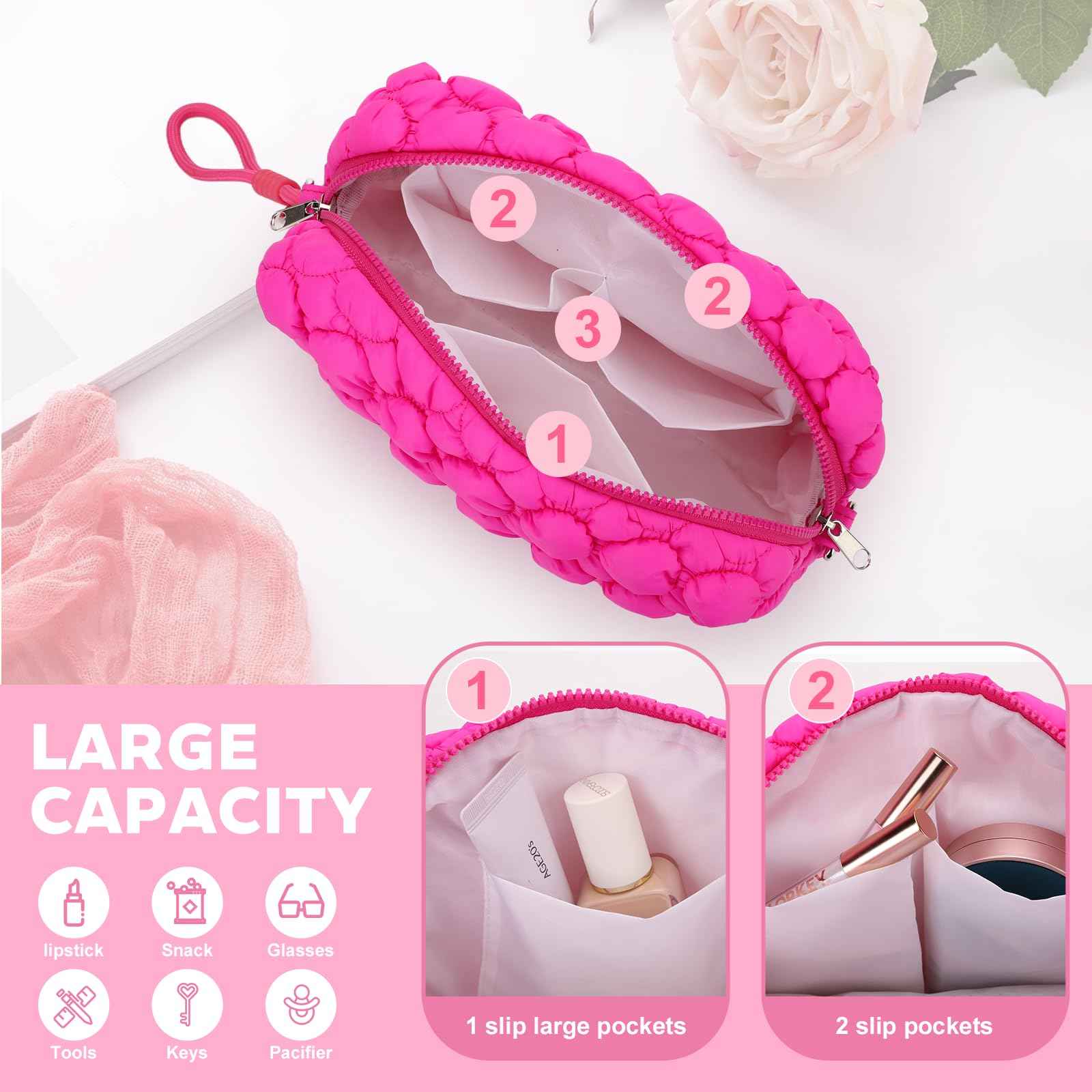 ZORVIC Quilted Ruffle Makeup Bag, Travel Toiletry Organizer for Women with Wrist Strap, Cute Aesthetic Cosmetic Bag for Daily, Work, Ideal Gift (HOT PINK)