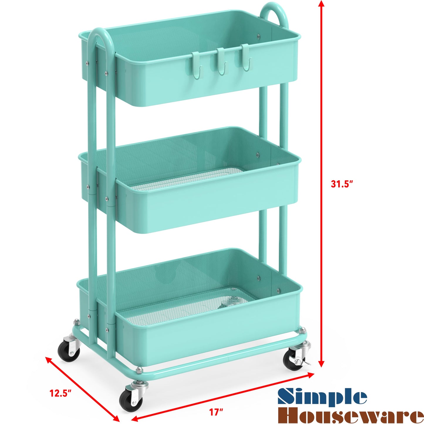 Simple Houseware Heavy Duty 3-Tier Metal Utility Rolling Cart, Turquoise