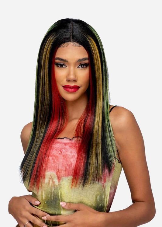 Vivica A. Fox GEM, SYNTHETIC HAIR, Natural Baby Lace Wig, Color CRAYOLA3, Stripe Highlight Color. Platinum blonde(#613) Base and black & Red highlights