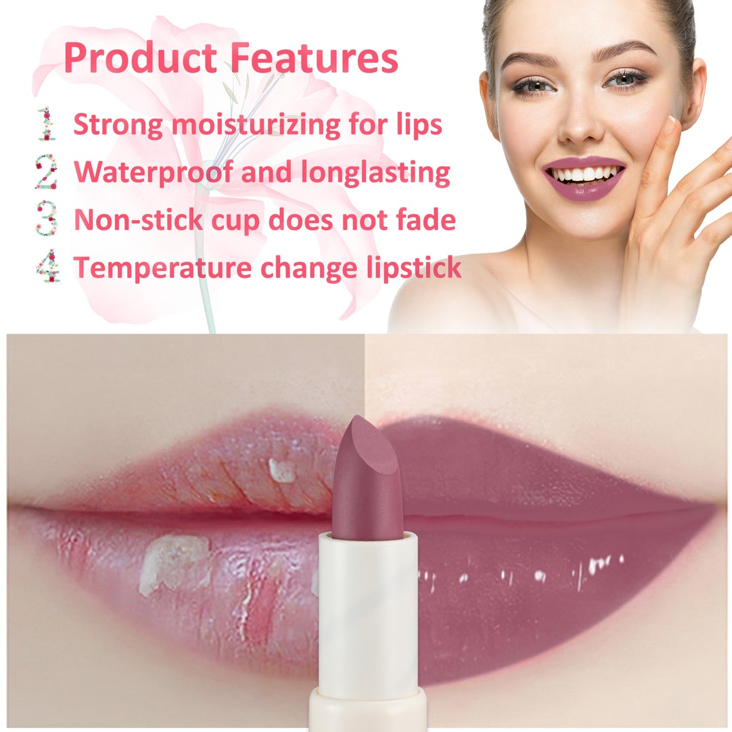 1 Pack Crystal Flower Jelly Lipstick,Magic Color Changing Lipstick,PH Clear Temperature Color Changing Lip Gloss,Lip Balm,Long Lasting Nourishing Moisturizing Lip Stick Set 06