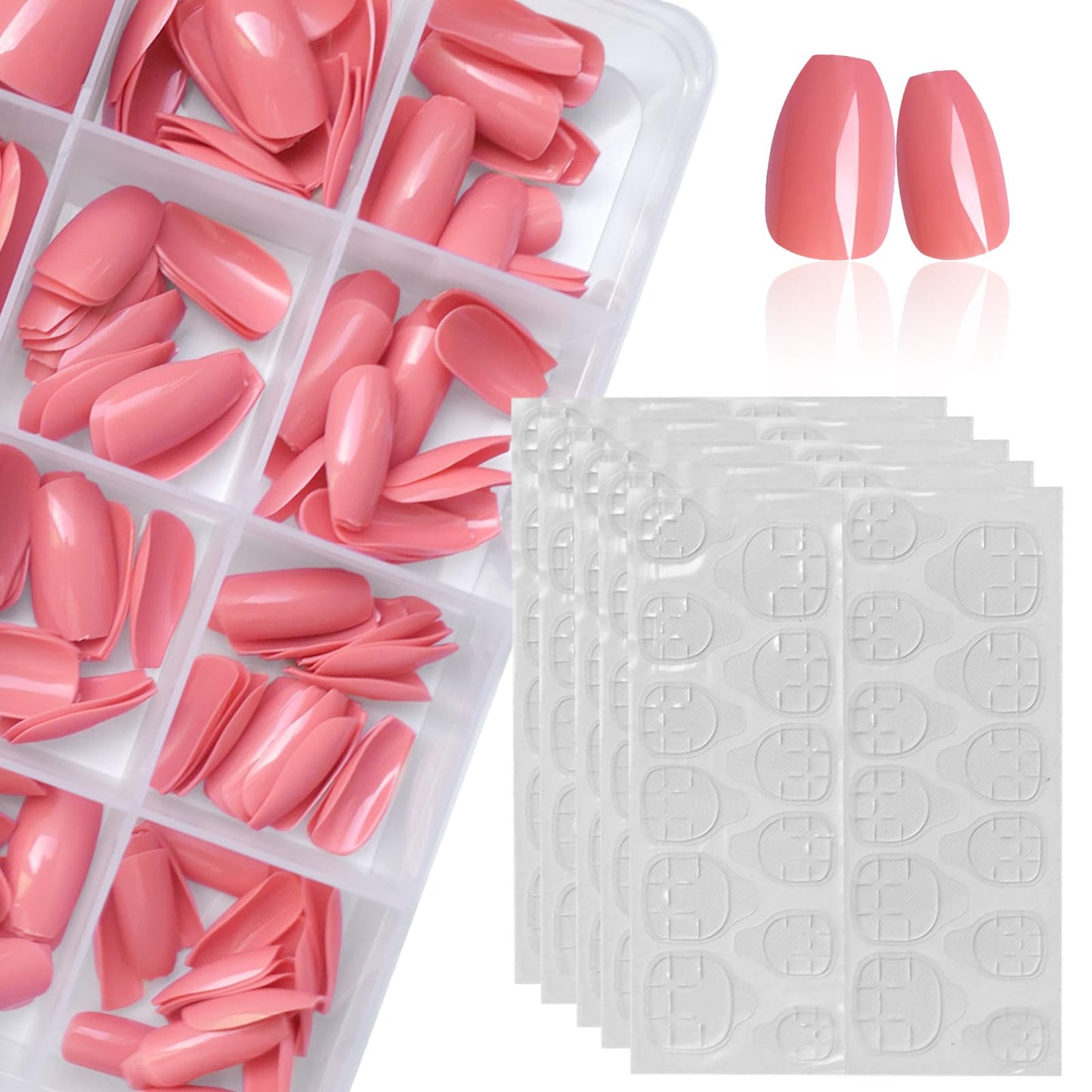 LoveOurHome 240pc Medium Press on Nails Coffin Fake Nails Acryic Nails Press ons Nail Short Ballerina False Nail Pink Full Cover Artificial Fingernails Tabs Glue on Coffin Nails for Women Girls