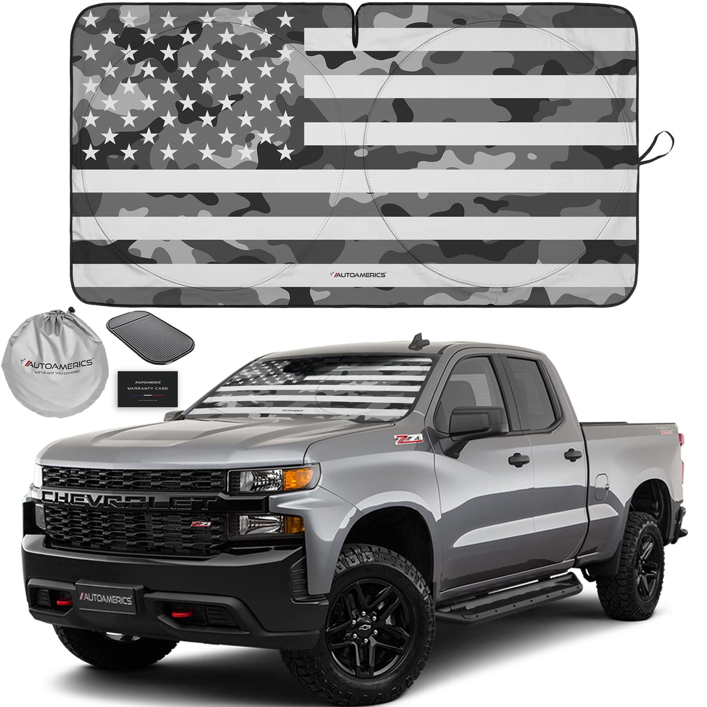 Autoamerics 1-Piece Windshield Sun Shade Gray Camo American Flag USA Design - Foldable Car Front Window Sunshade for Most Sedans SUV Truck - Blocks Max UV Rays and Keeps Your Vehicle Cool - Large