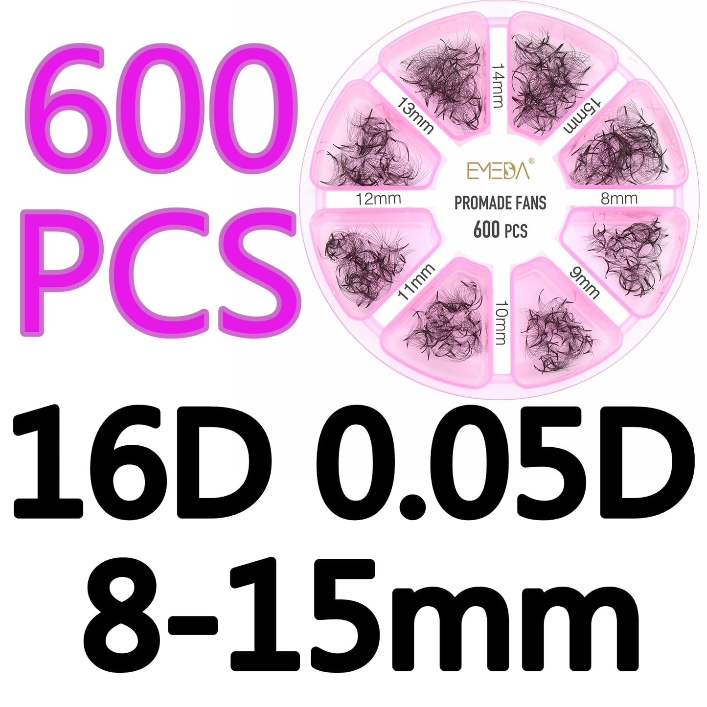 Premade Fans Eyelash Extensions 600 pcs Pointy Thin Base Promade Loose Fans Stable D Curl 8-15mm Mix Lengths Pre Made Volume Lashes with Reusable Silicone Pad by EMEDA (16D 0.05 D 8-15mm)