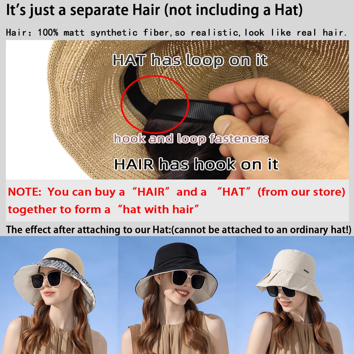 NOOFNO Hair Extensions,Can be attached to Our Hat to Form a Hat Wig,Cap Hat with Hair Attached for Women (HAIR:Wavy 16in/Light Brown)