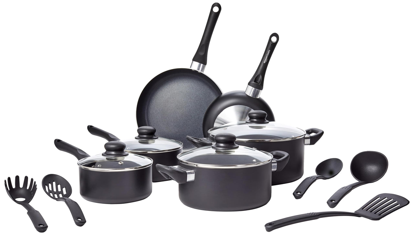 Amazon Basics Non-Stick Cookware 15-Piece Set, Pots, Pans and Utensils, Black