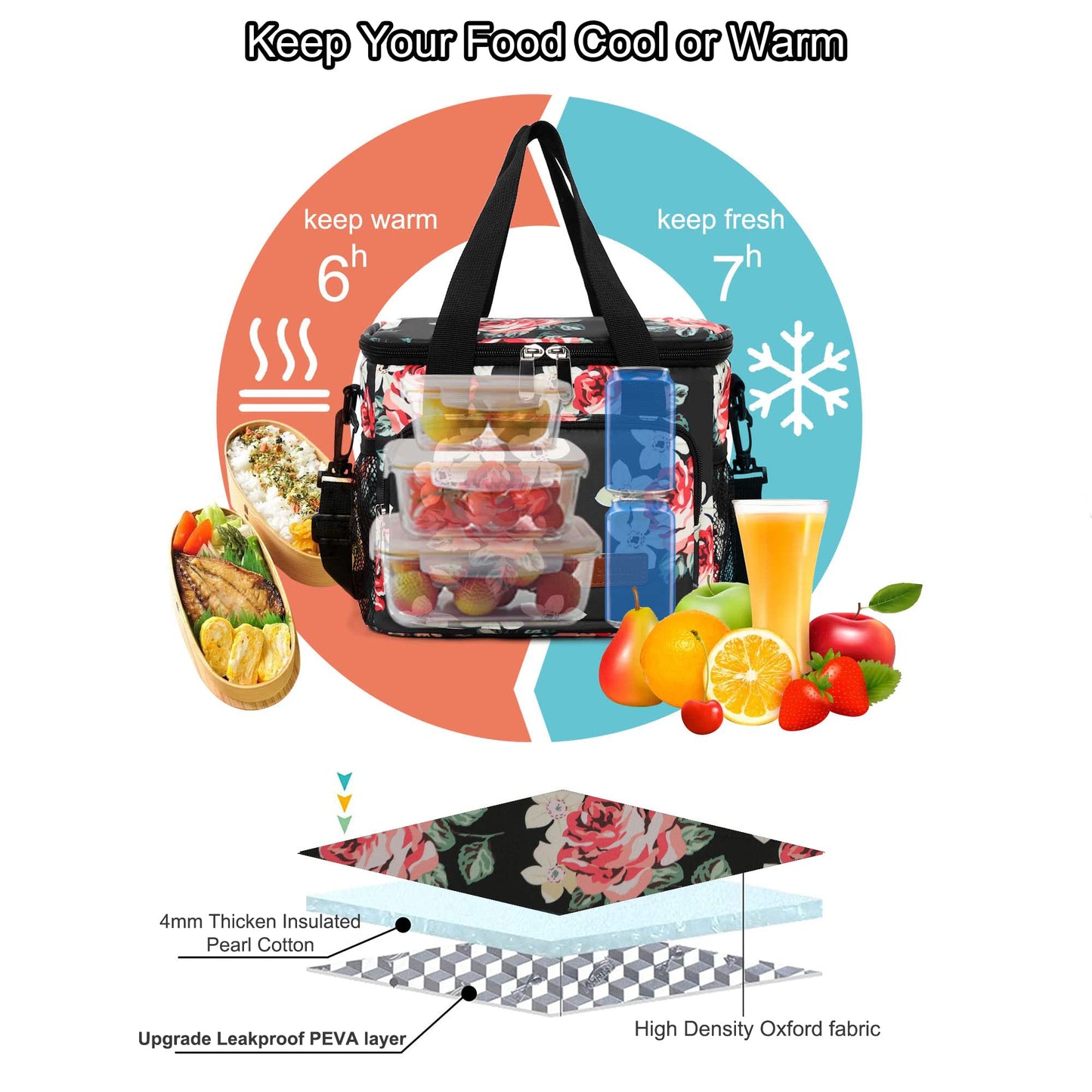 Femuar Lunch Bags for Women/Men, Insulated Lunch Bag for Work Office Picnic - Lunch Cooler Bag Leakproof Lunch Box with Adjustable Shoulder Strap - Black Floral