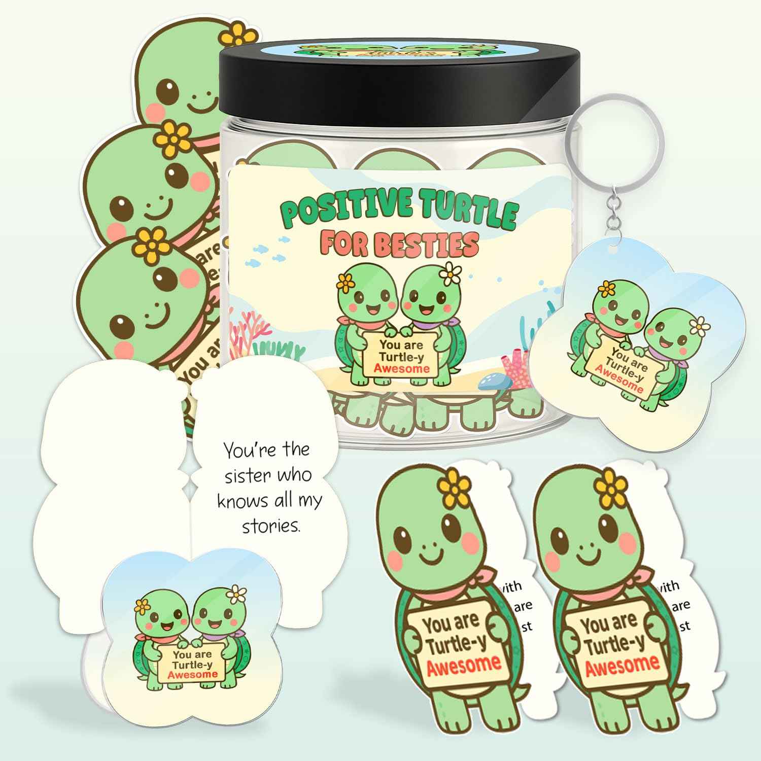 Positive Turtle Jar for Besties – 60 Daily Affirmation Cards, Cute Friendship Gift with Acrylic Keychain & Display Stand, Inspirational Message Jar for Best Friends, Sisters, or Coworkers