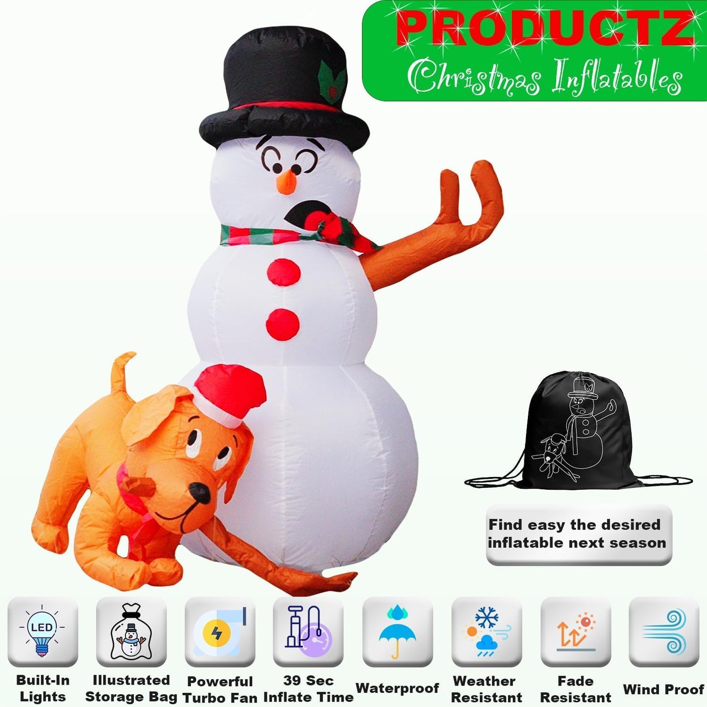 PRODUCTZ Christmas Decorations 4 FT Inflatable Snowman and Dog is Stealing Snowman's Hand Funny Holiday Blow up Outdoor/Indoor/House/Yard Decor with LED Lights and Free Storage Bag