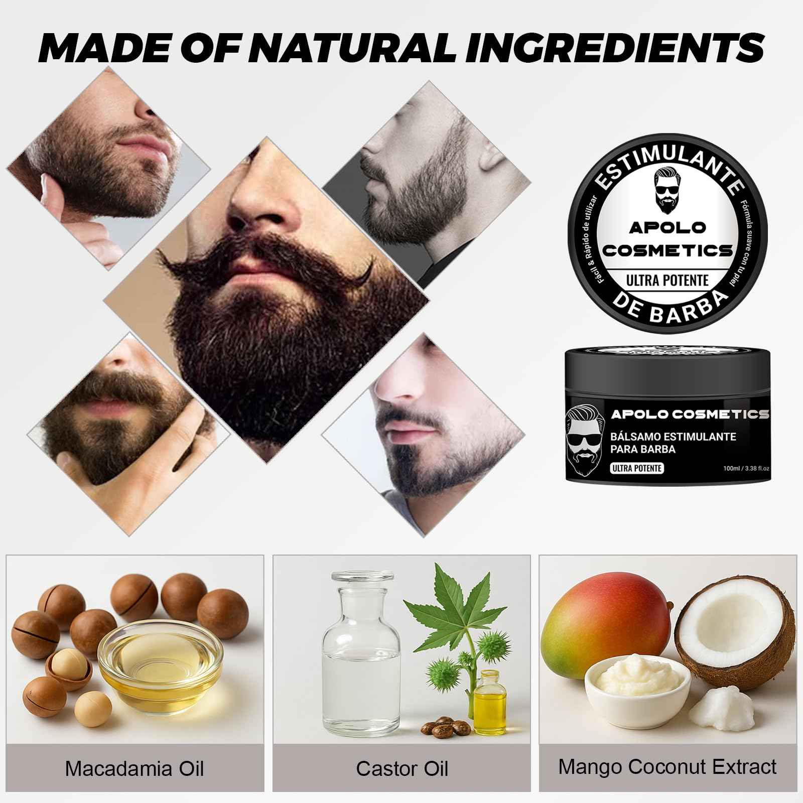 apolo cosmetics Para Barba, Ultra Potente Estimulante de Barba, Bálsamo para Crecimiento de Barba Crema, Beard Growth Blam, Softner/Unscented Beard Butter, Sin Irritación 100ml/3.38floz (1 PC, 1)