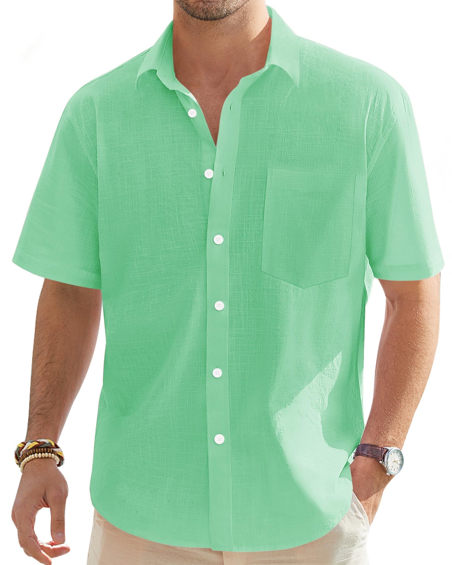 J.VER Men's Linen Cotton Button Down Shirts Lightweight Casual Wedding Short Sleeve Shirt Summer Beach Top with Pocket Bright Green Medium