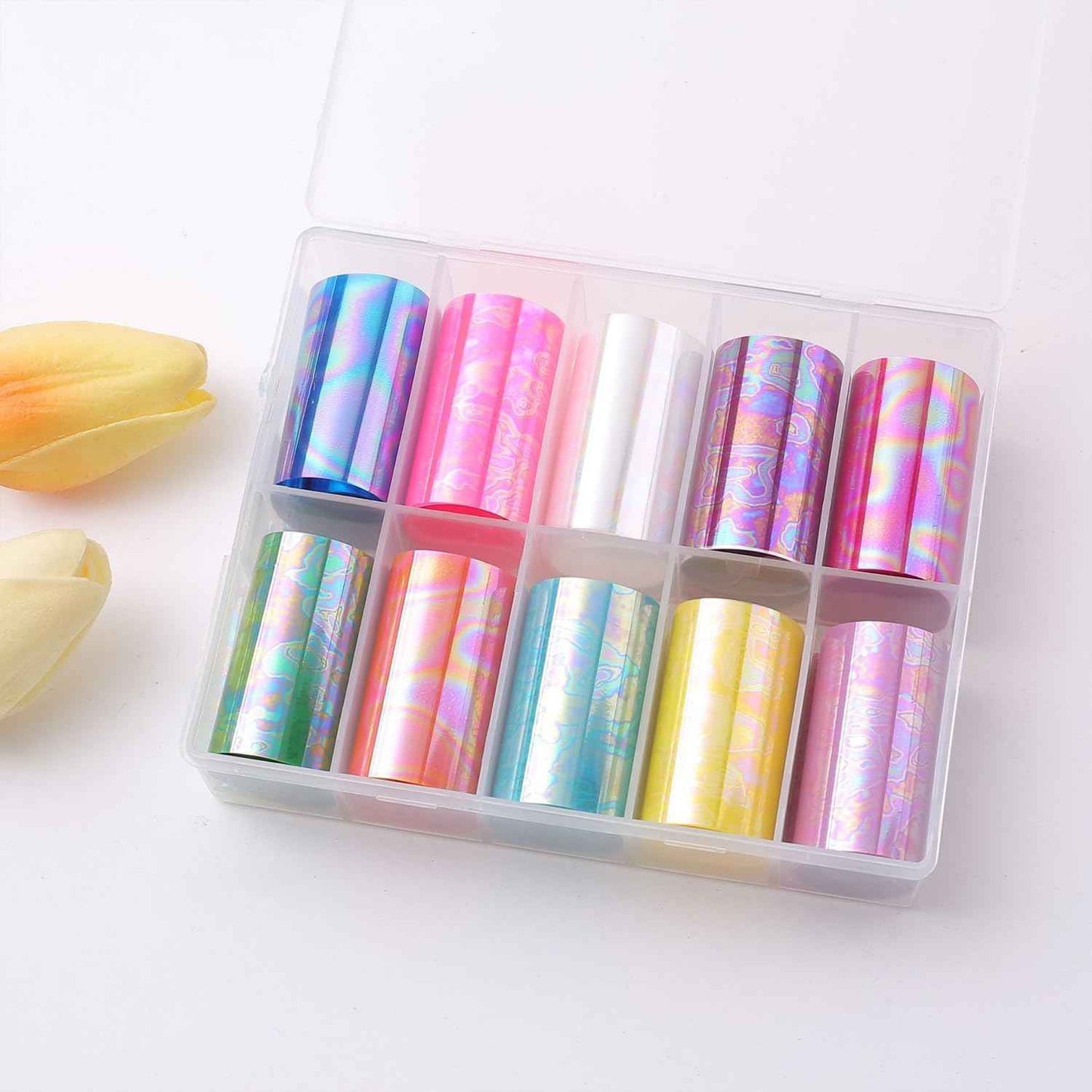 SILPECWEE 10 Rolls Aurora Nail Foil Laser Nail Transfer Foil Holographic Nail Art Foil Decals Iridescent Foil for Nails Fingernail Stickers Manicure Design for Women DIY Decoration