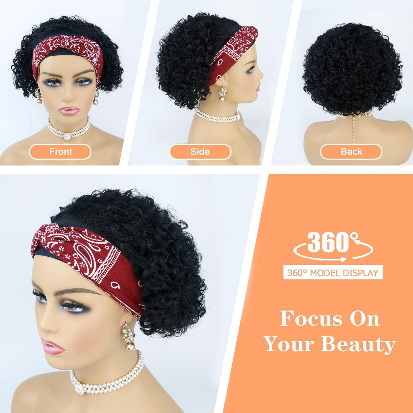 VRZ Short Curly Headband Wig Human Hair Wigs for Black Women Pixie Cut Kinky Curly Bob Glueless Half Wigs 150% Density Natural Black 1B# 8inch