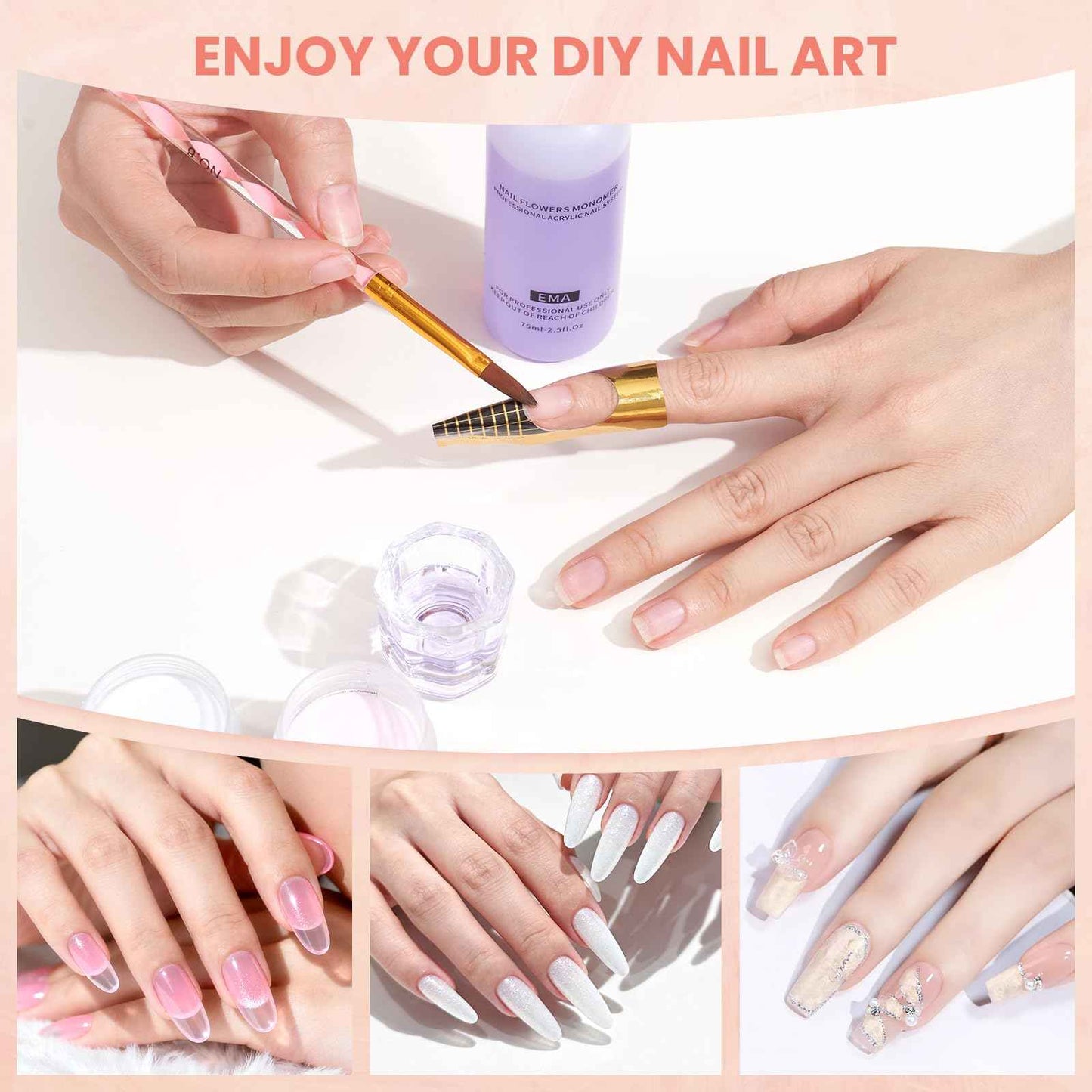 Nail Kit for Beginners with Everything: Practice Hand Acrylic Nail Set Professional Powder Drill Liquid Starter Kits with U V Lamp in Cosmetic Gift Bag for Women Salon Home (Pink)