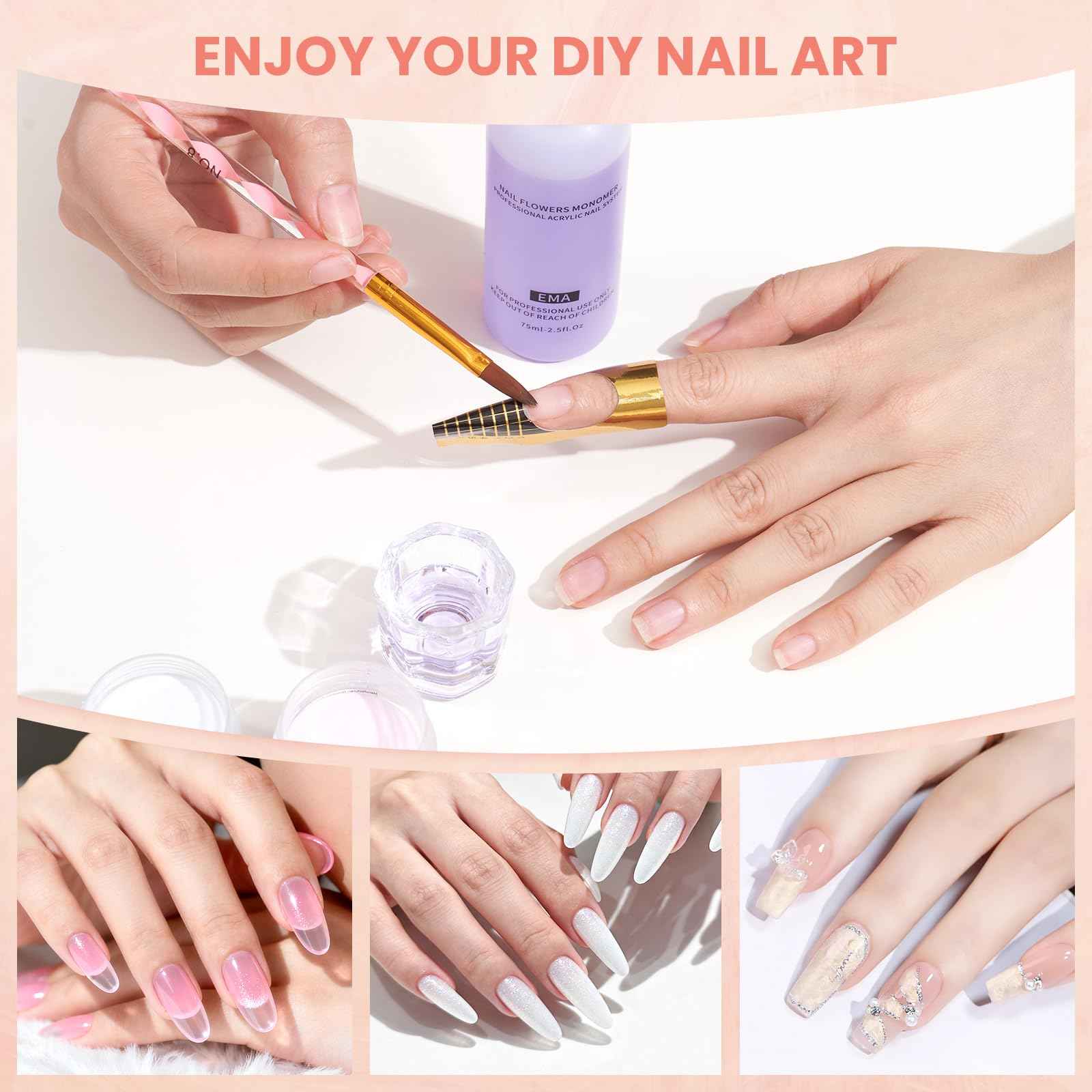 Nail Kit for Beginners with Everything: Practice Hand Acrylic Nail Set Professional Powder Drill Liquid Starter Kits with U V Lamp in Cosmetic Gift Bag for Women Salon Home (Pink)