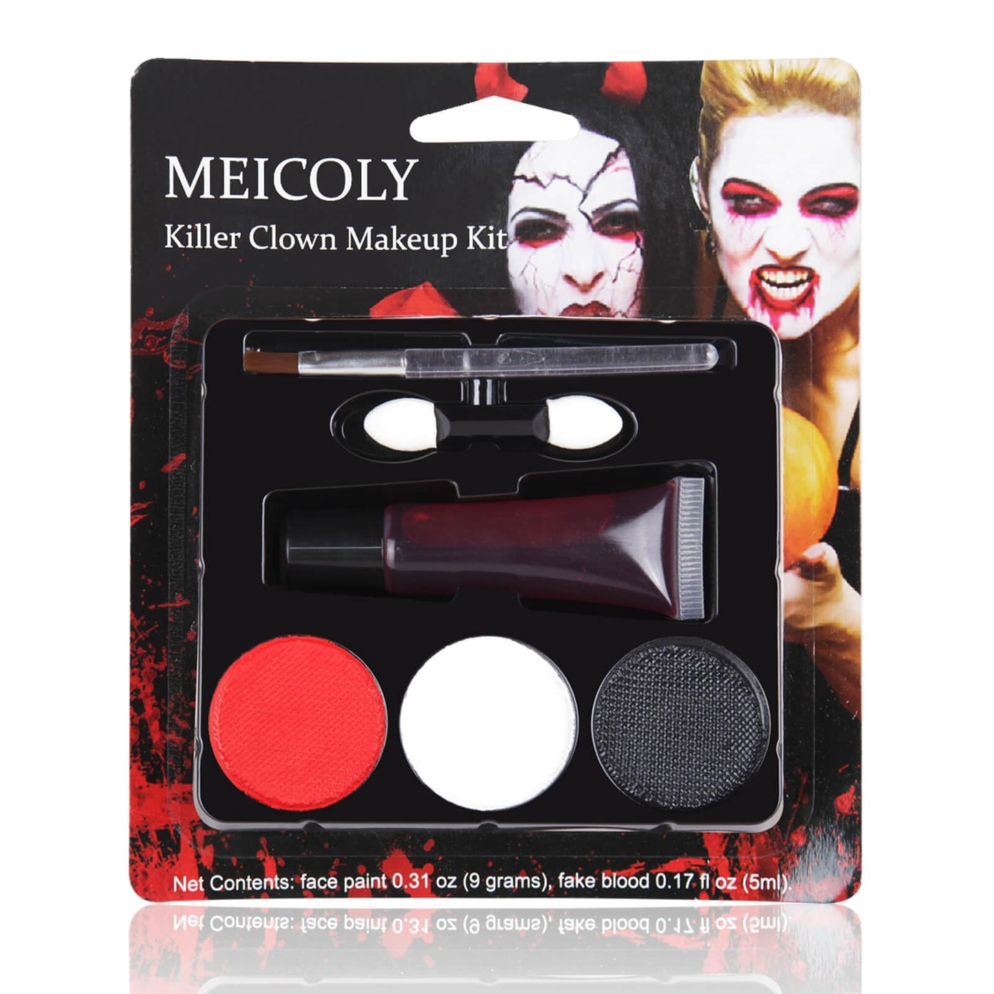 MEICOLY Scary Clown Makeup Kit,Black White Red Face Body Paint with Brush and Fake Blood,Washable Face Paint for Kids,Water Activated SFX Corpse Bride Halloween Cosplay Body Paint for Adults