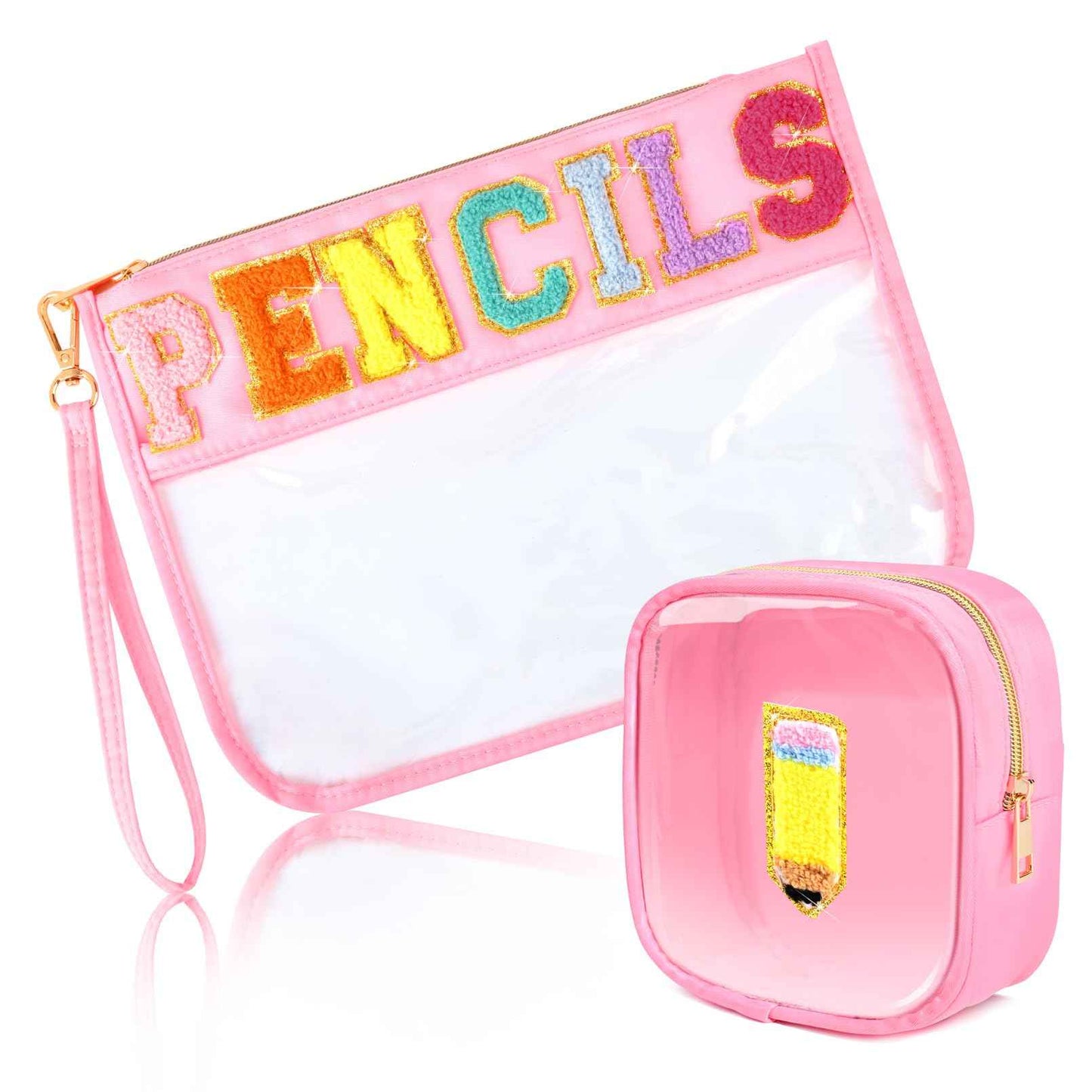 SOIDRAM 2 Pcs Bags Clear Chenille Letter Pouch Travel Bag Zipper Nylon Makeup Bag Organizer Cosmetic Pouch Toiletry Bag Waterproof Travel Gifts for Teacher