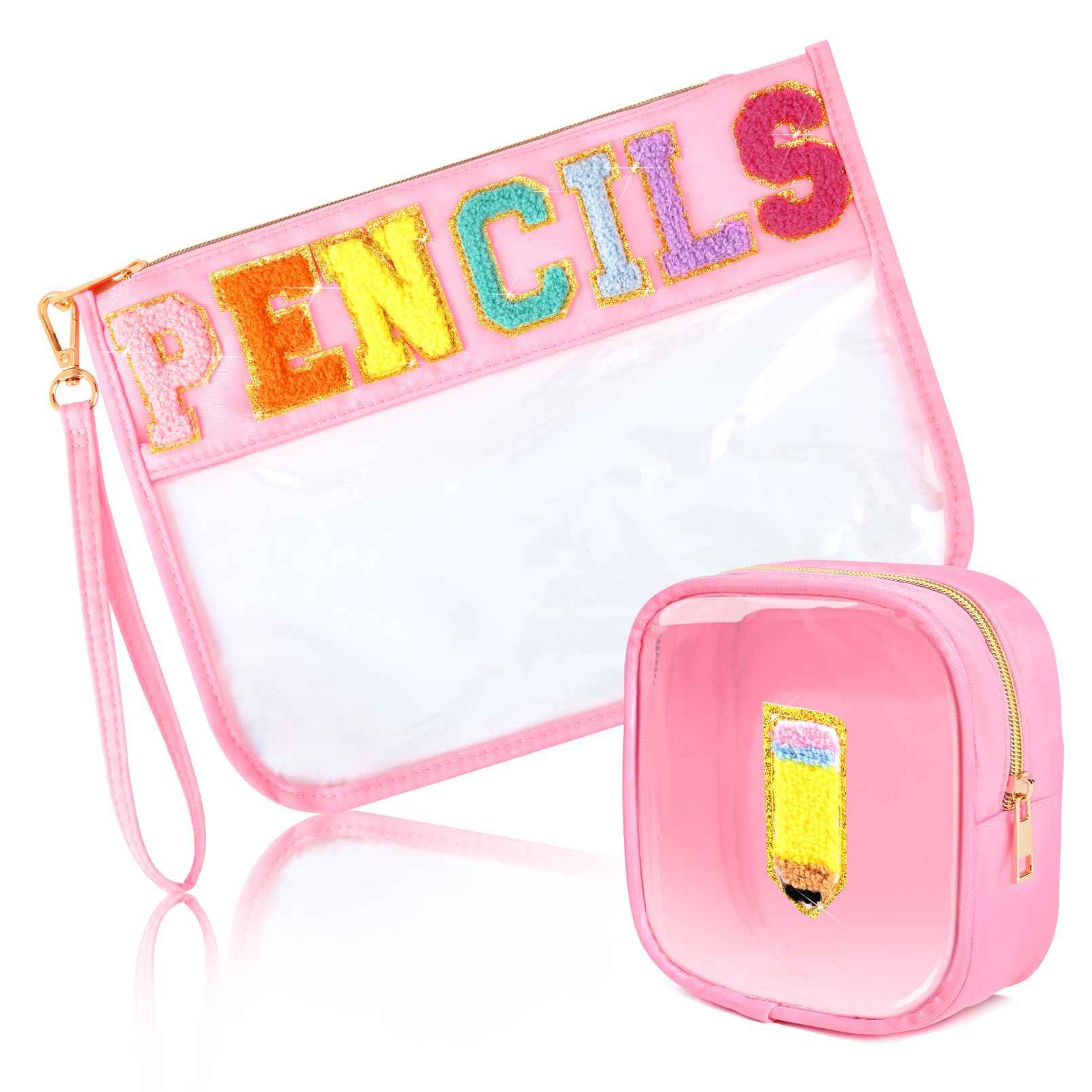 SOIDRAM 2 Pcs Bags Clear Chenille Letter Pouch Travel Bag Zipper Nylon Makeup Bag Organizer Cosmetic Pouch Toiletry Bag Waterproof Travel Gifts for Teacher