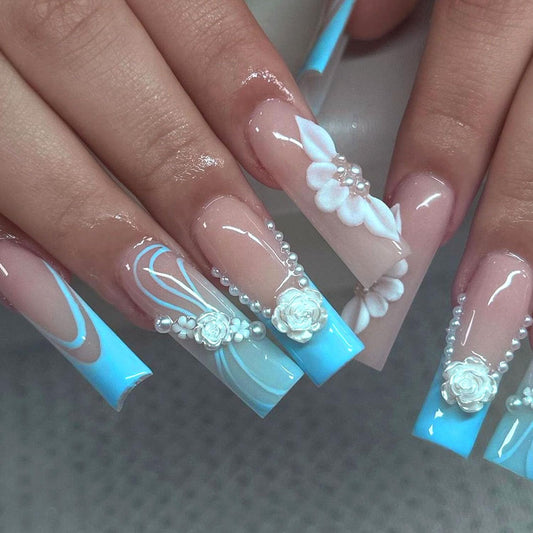 French Tip Press on Nails Long Square Fake Nails 3D White Flowers Pearl Glue on Nails Light Blue Translucent Acrylic Nails Extra Long Swirl False Nails Summer Stick on Nails for Women 24 Pcs