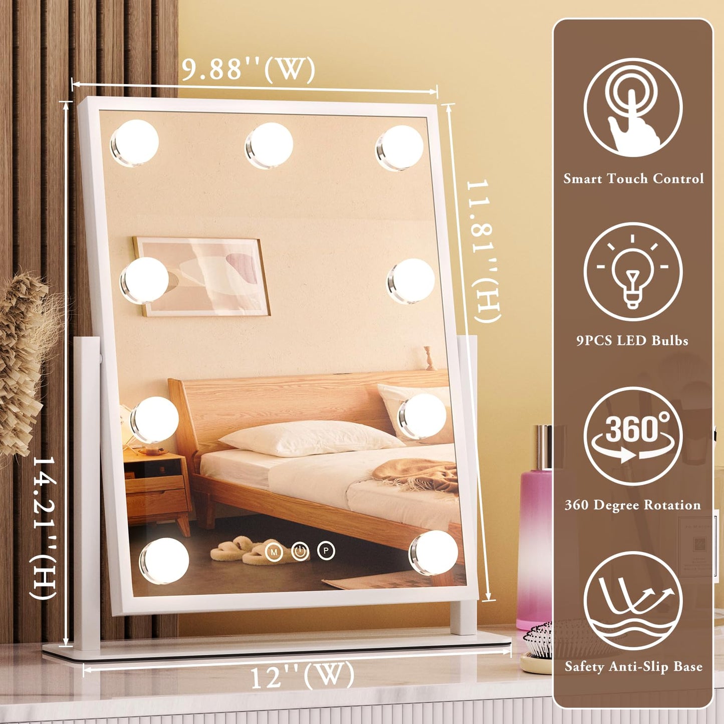 Vanity Mirror with Lights, Lighted Makeup Mirror Hollywood Makeup Mirror with 9 Dimmable Bulbs and 3 Color Lighting Modes, Smart Touch Control, 360°Rotation