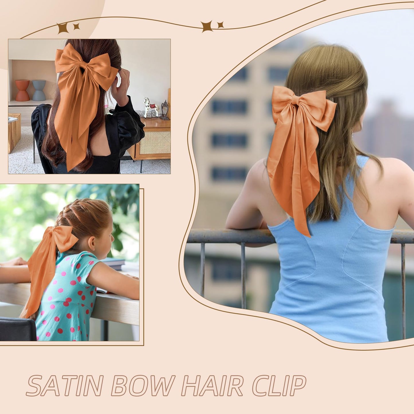 Big Hair Bows with Long Tail 2PCS Orange Bow Hair Clip with Metal Spring Clamp Soft Satin Hair Ribbon for Women Girls