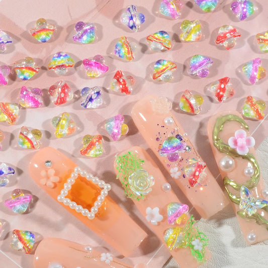 WEILUSI 100pcs Iridescent Mushroom Nail Charms Fairy Cute 3D Resin Mushroom Charms Kawaii Flatback Nail Art Rhinestones Gems for Acrylic Nail DIY Craft Design Manicure