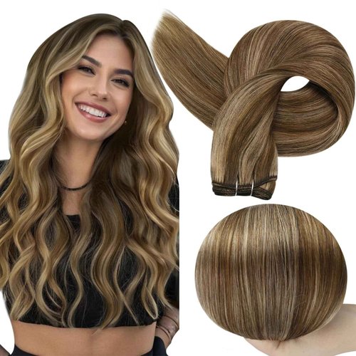 Full Shine Hair Extensions Sew In Remy Straight Hair Weft Extensions Color Medium Broen Highlight Honey Blonde Weft Hair Extensions Human Hair Sew In Extensions 12 Inch 80G
