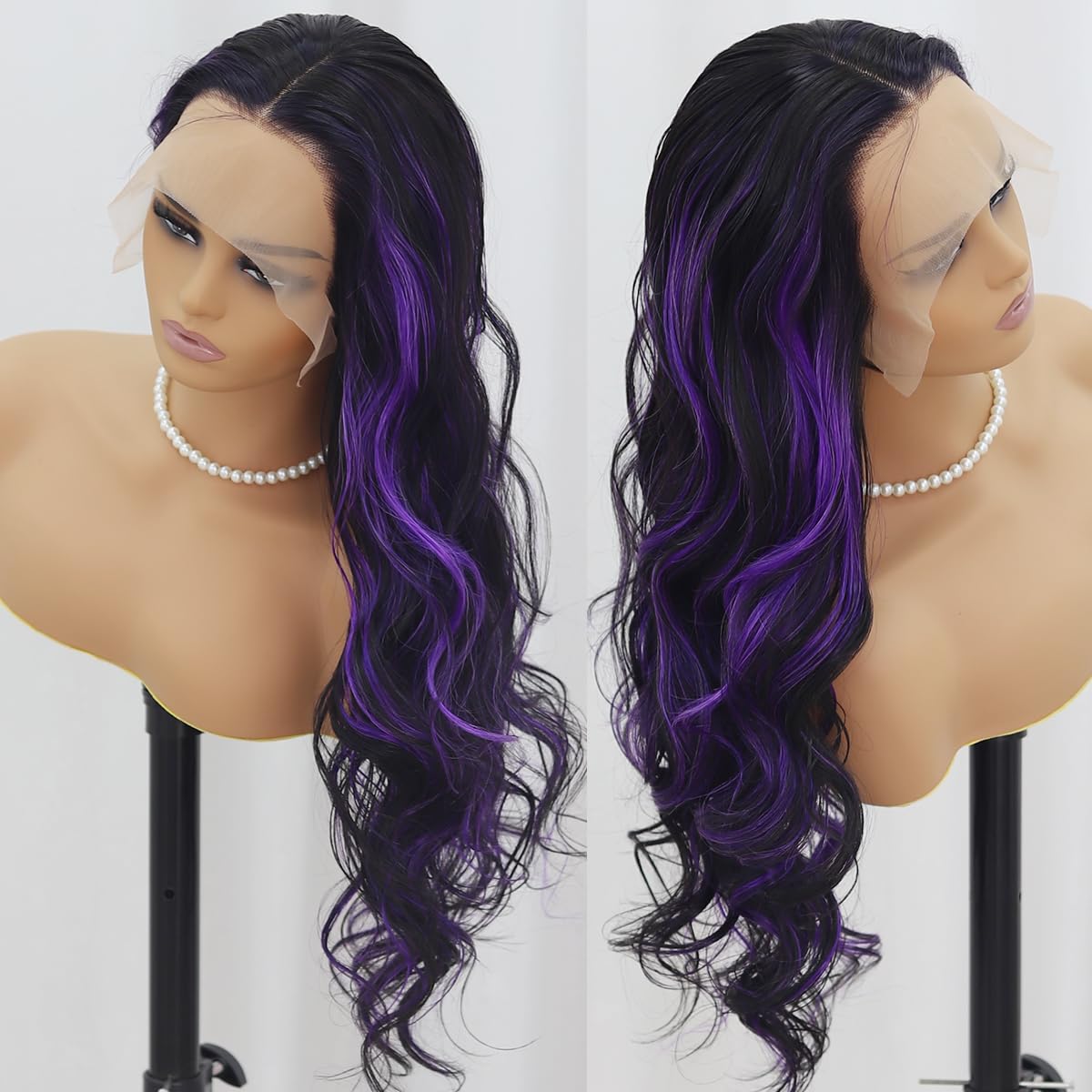 SISIFIRE Purple Highlight Lace Front Wig Pre-plucked Hairline Synthetic Heat Resistant Fiber Lace Front Wigs for Women Glueless 13X4 Inch Long Loose Curly Wavy Wigs