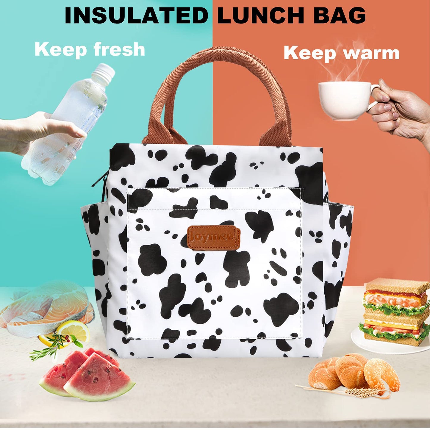 Joymee Lunch Bag Women Insulated Lunch Box Reusable Leakproof Large Spacious Cooler Tote for Womens Mens Adults with Bottle Holder and Side Pockets for Work Office Travel Picnic - Cow