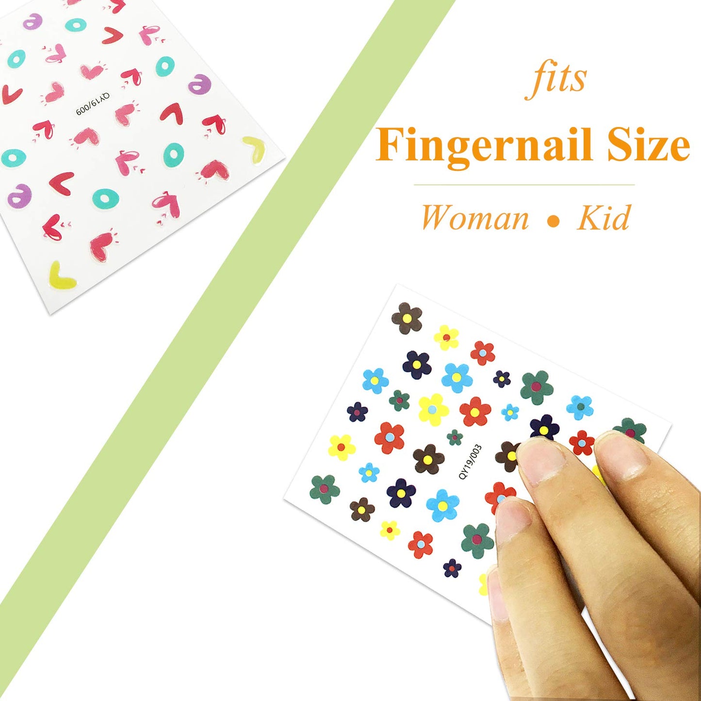 18 Sheets Nail Stickers for Women and Little Girls Nail Art Decoration - Self-Adhesive DIY Nail Decals Set Including Hearts Fruits Flowers Leaves Animals Rainbow Nail Art Stickers for Woman Kids