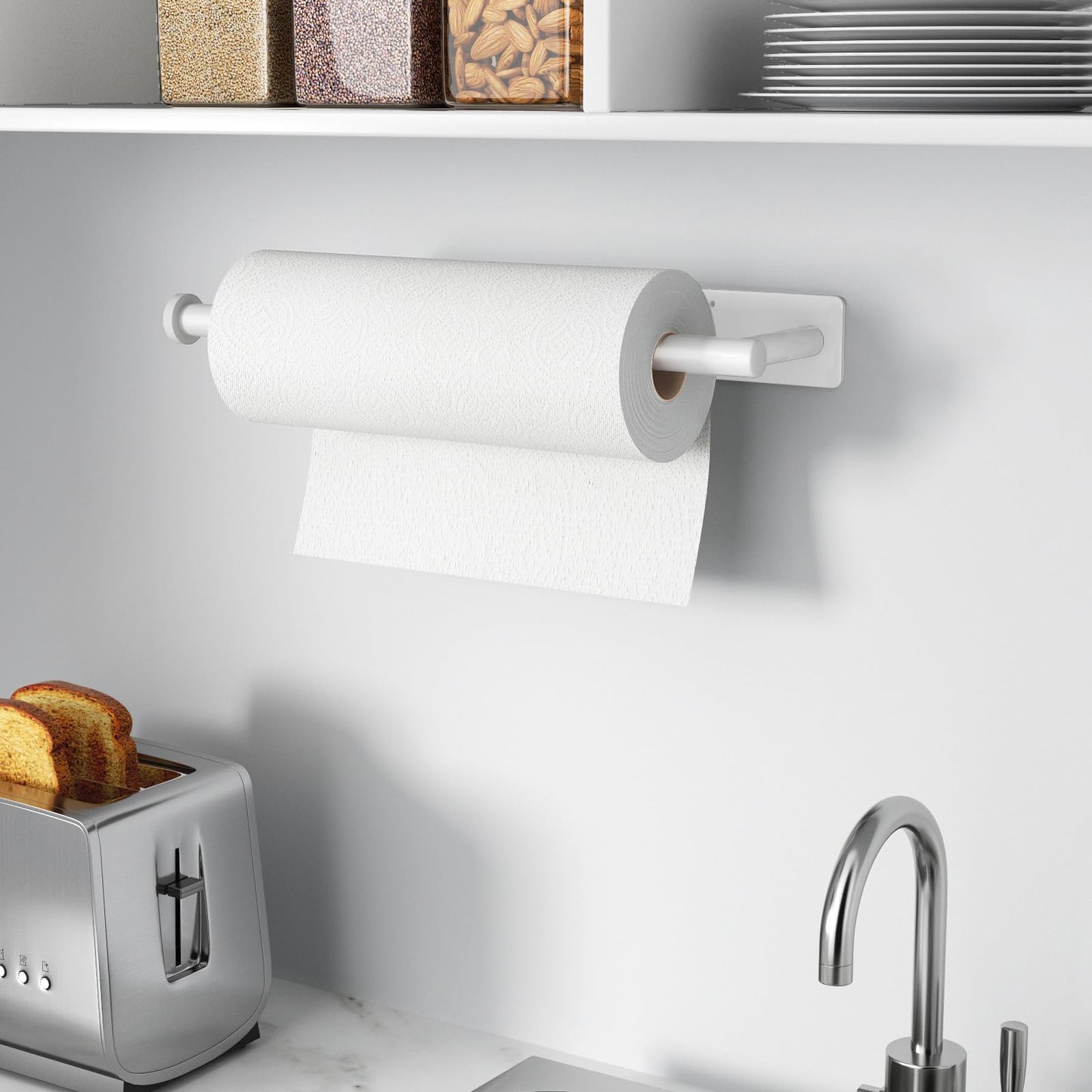 Paper Towel Holder - Self-Adhesive or Drilling, White Wall Mounted Paper Towel Rack for Kitchen, SUS304 Stainless Steel Kitchen Roll Holder Under Cabinet