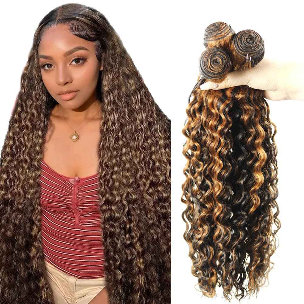 Ombre Human Hair Bundles Highlight Brown Deep Wave Bundles Hair Extensions 30 32 34 Inch Grade 8A Brazilian Virgin Remy Hair 3 Bundles Double Weft P1B/30 Bundles Hair Weave