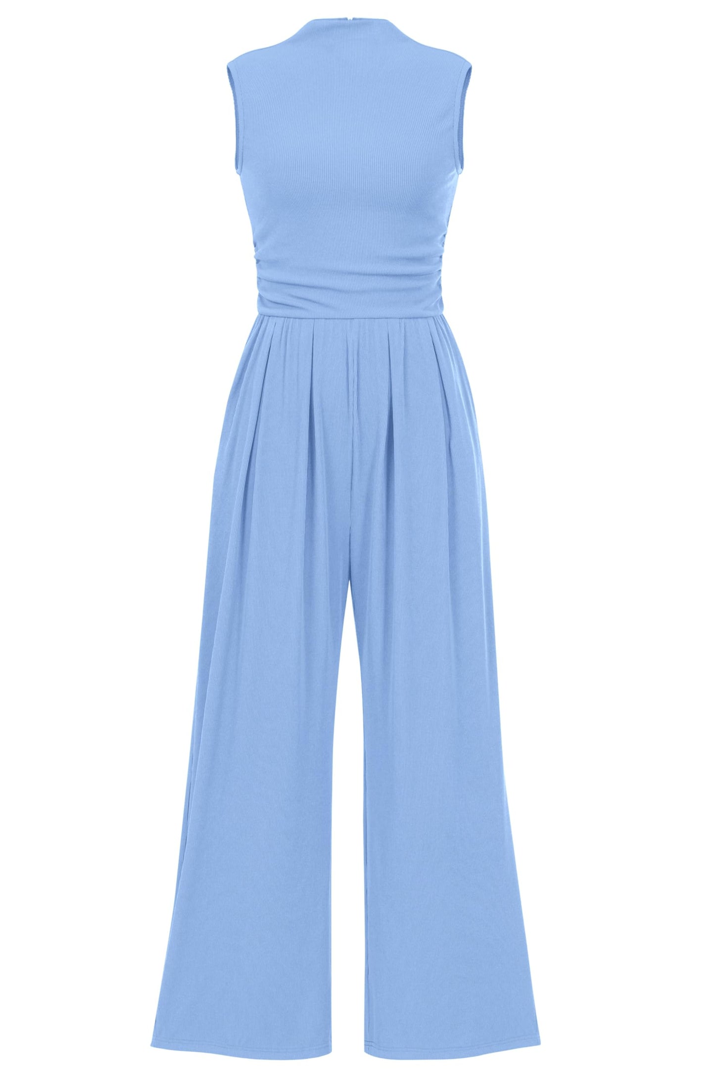 PRETTYGARDEN Womens Summer Jumpsuits Dressy Casual One Piece Outfits Sleeveless Mock Neck Wide Leg Pants Rompers with Pockets (Light Blue,Small)