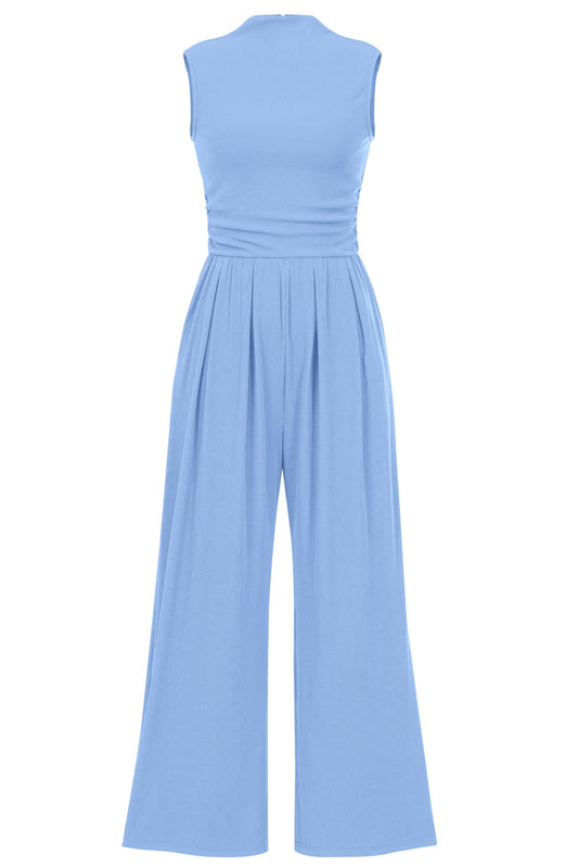 PRETTYGARDEN Womens Summer Jumpsuits Dressy Casual One Piece Outfits Sleeveless Mock Neck Wide Leg Pants Rompers with Pockets (Light Blue,Small)