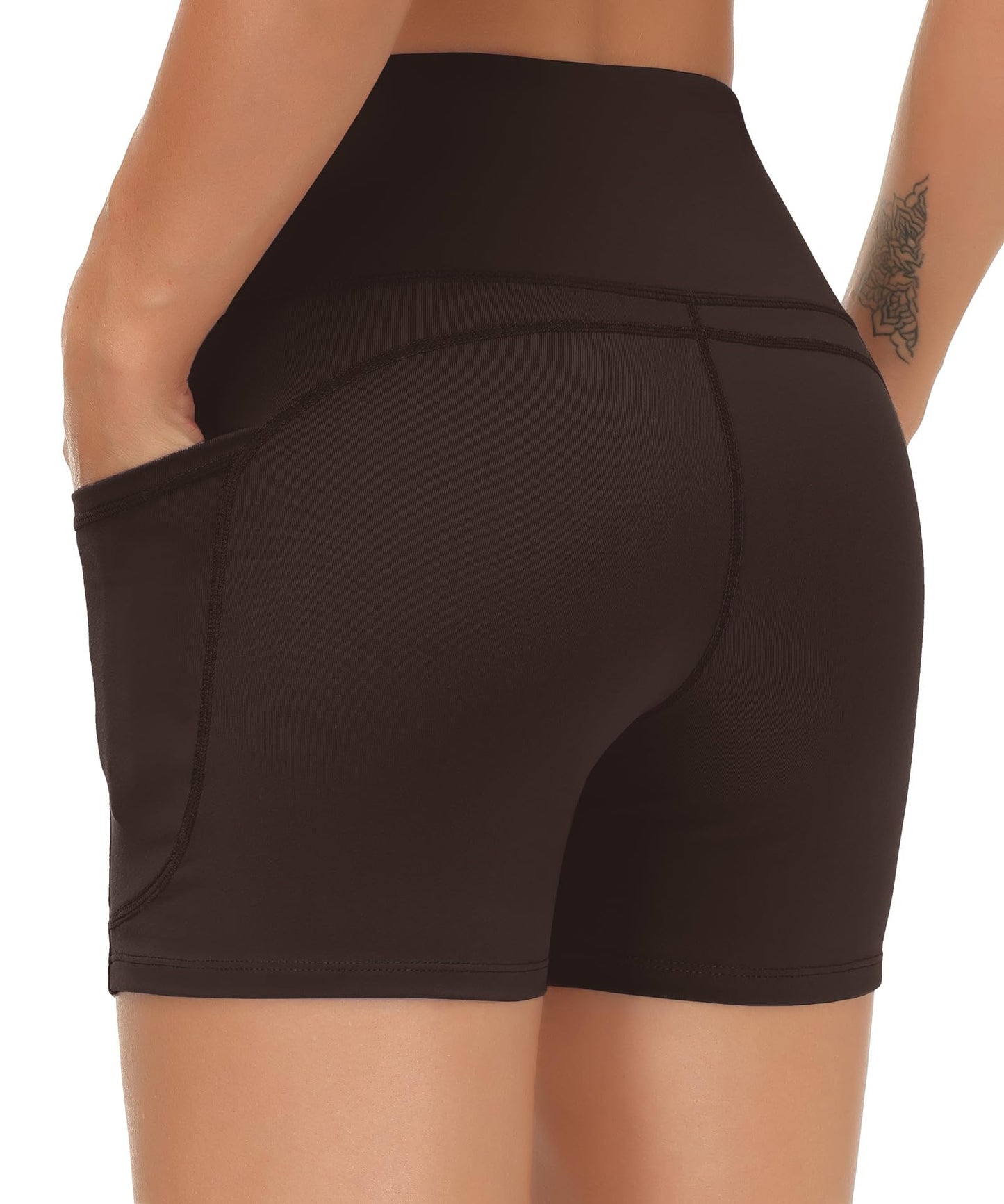 THE GYM PEOPLE High Waist Yoga Shorts for Women's Tummy Control Fitness Athletic Workout Running Shorts with Deep Pockets Brown