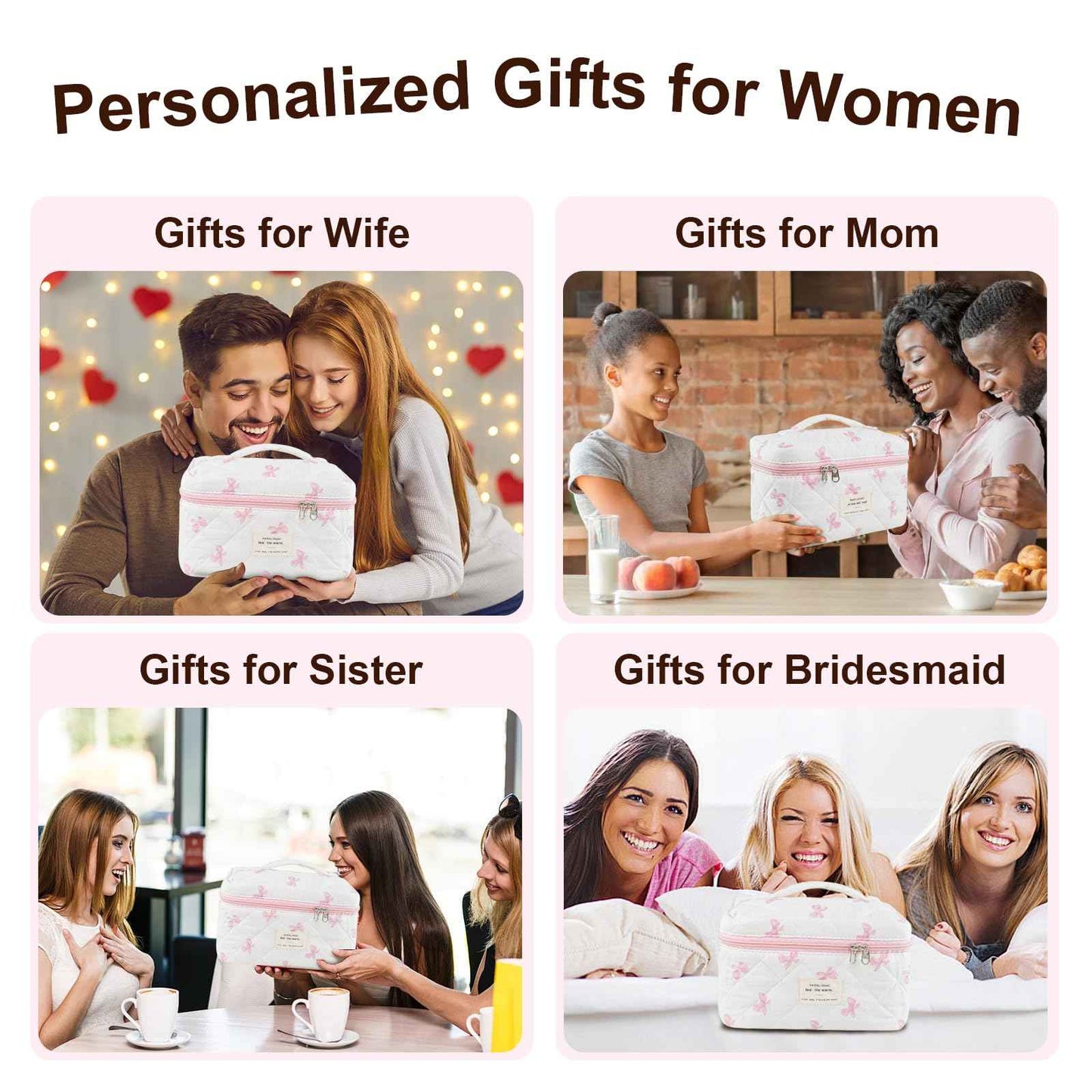 GISMTR 3Pcs Makeup Bag Cotton Quilted Travel Cosmetic Bag Cute Floral Makeup Pouch Large Toiletry Bag for Women Girls (Bow-Pink)