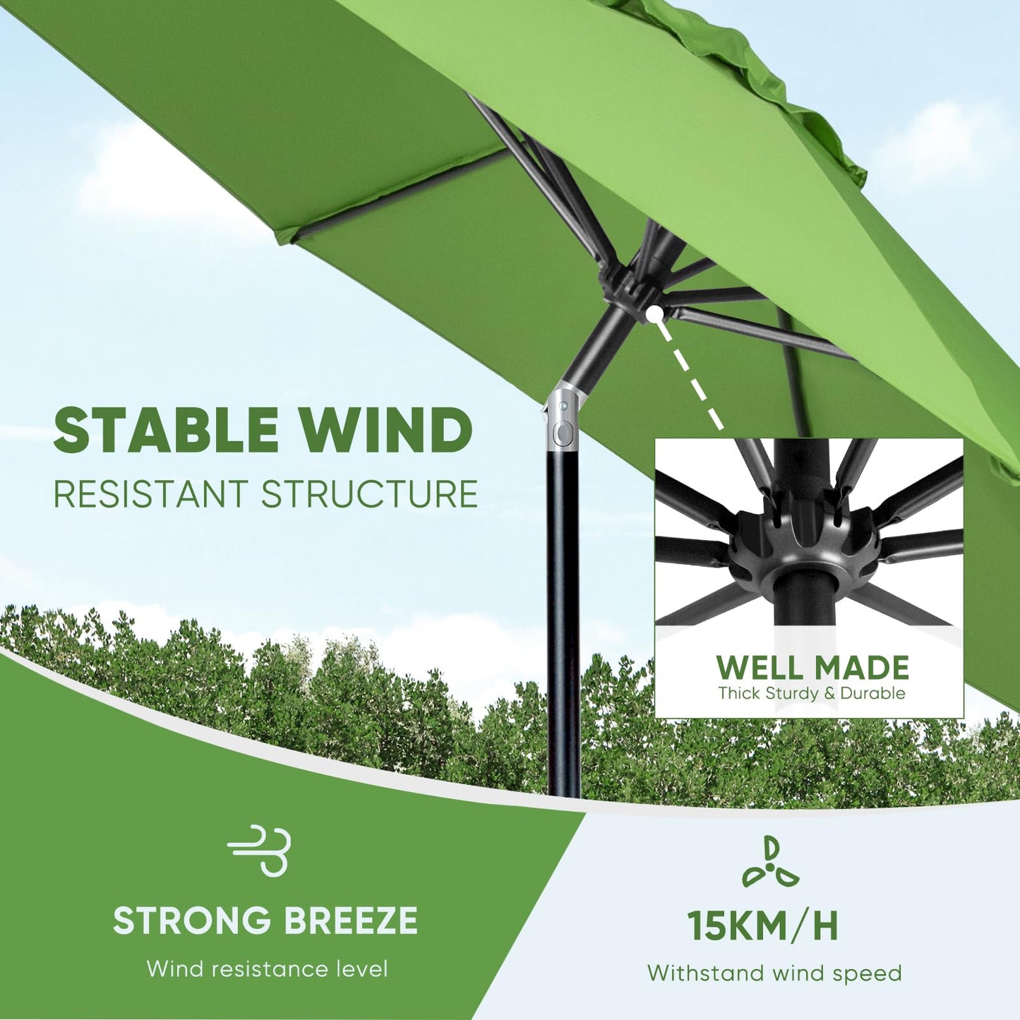 Tempera 9ft Patio Market Outdoor Table Umbrella with Push Button Tilt and Crank,Large Sun Umbrella with Sturdy Pole&Fade resistant canopy,Easy to set, Green