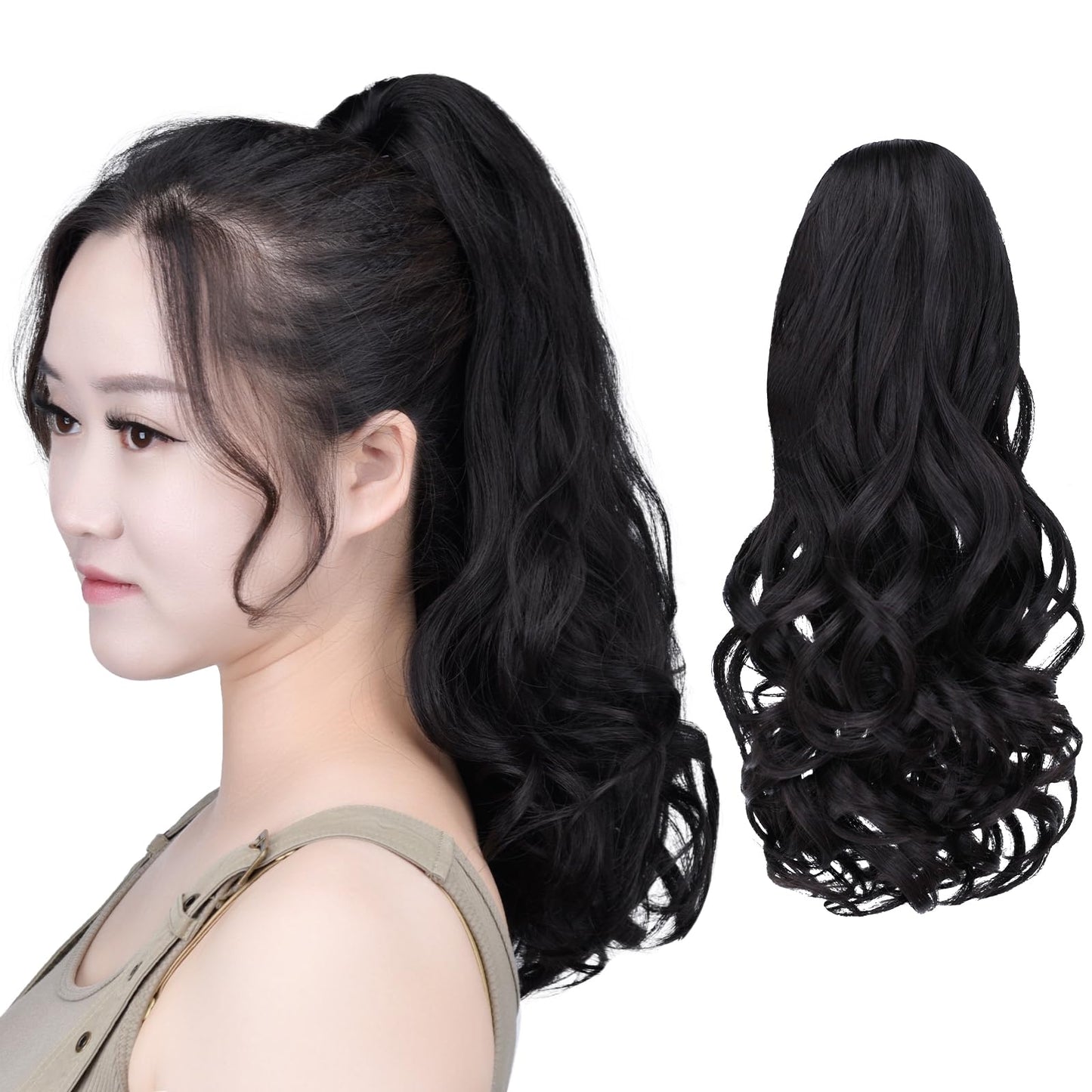 SYXLCYGG Black Ponytail Clip Claw Pony tail 16" Wavy 4.5 OZ Synthetic Hair Fake Hair piece Women Yaki Fluffy Like Real