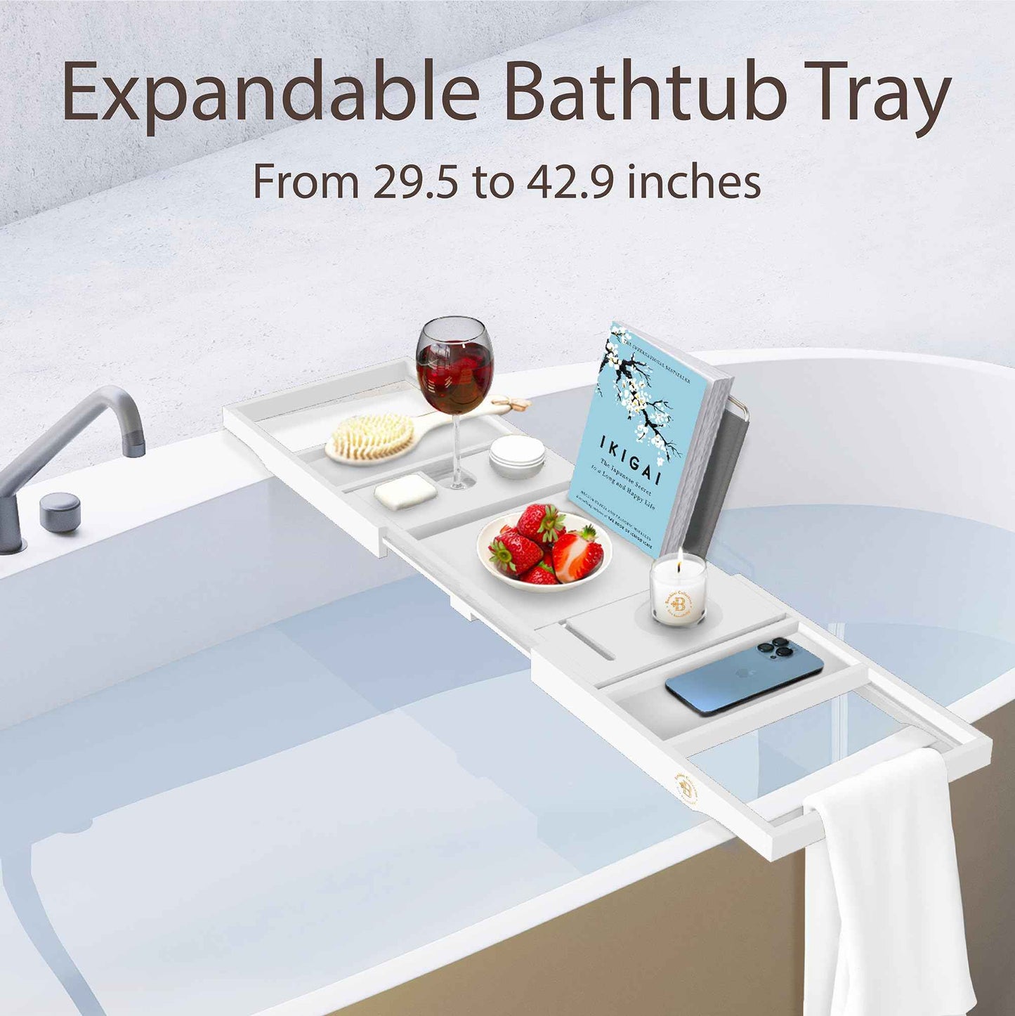 Wooden Bathtub Tray - Foldable & Expandable Bamboo Bath Tray for Tub with Wine Holder, Book & Tablet Stand - Bath Caddy Tray for Bathtub, Spa Bath Accessories, Tub Tray Table, (White)