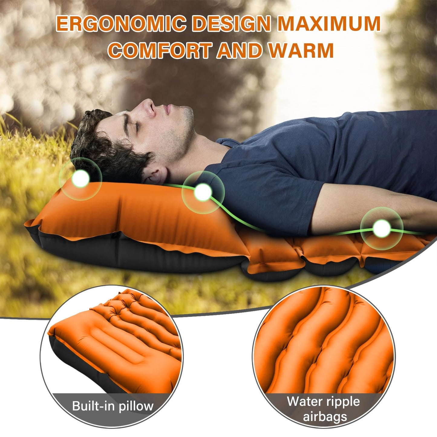 Camping Sleeping Pad, Ultralight Camping Mat with Pillow Built-in Foot Pump Inflatable Sleeping Pads Compact for Camping Backpacking Hiking Traveling - Orange