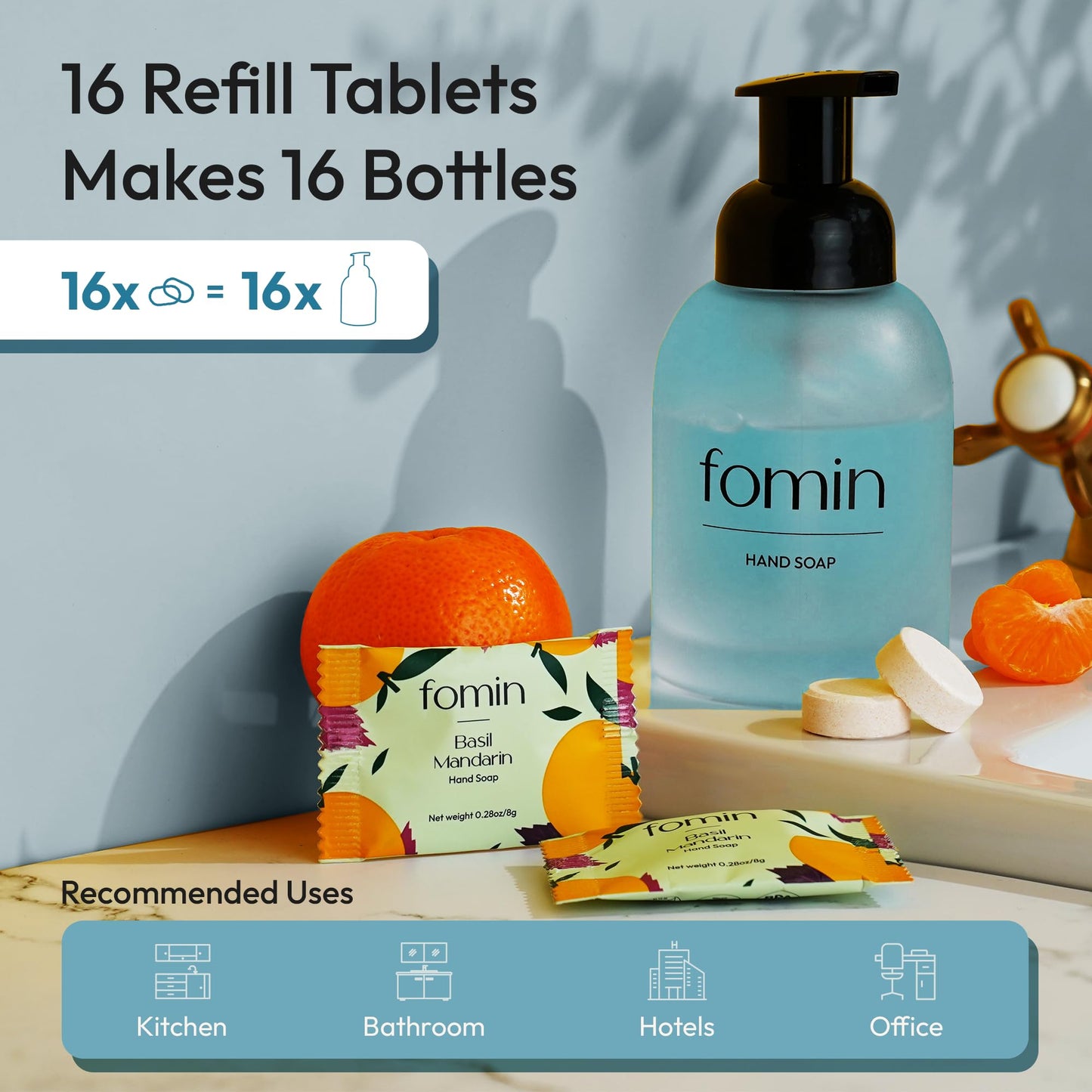 FOMIN Foaming Hand Soap Essential Kit - 16 Variety Pack of Foaming Hand Soap Refills + 2 Glass Dispenser + 1 Tin - Eco-Friendly Foaming Hand Soap Tablets for All Skin Types