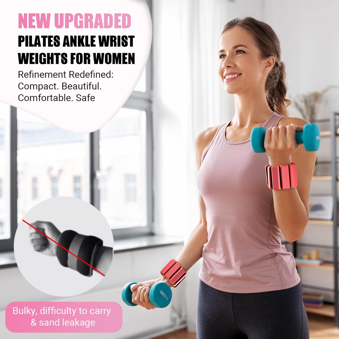 Pilates Wrist Ankle Weights for Women, Wearable Strong Arm & Leg Weights Set of 2(1Lbs Each), Adjustable Ankle Weights for Walking, Yoga, Dance, Barre, Gym