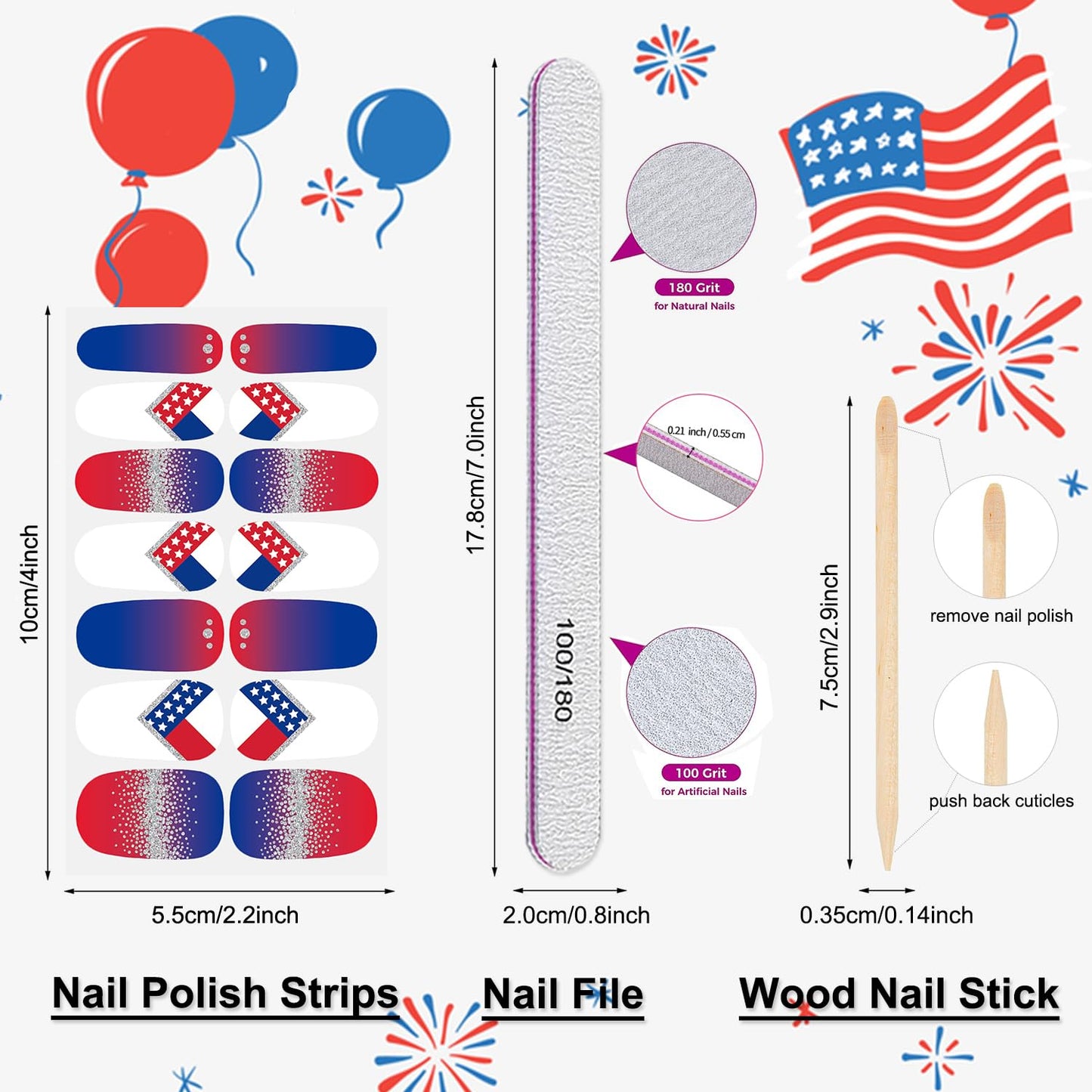 DANNEASY 8 Sheets 4th of July Independence Day Nail Polish Stickers Full Nail Wraps for Women Self Adhesive Nail Polish Strips Fingernail Sticker Stick on Nails with Nail File, Cuticle Stick