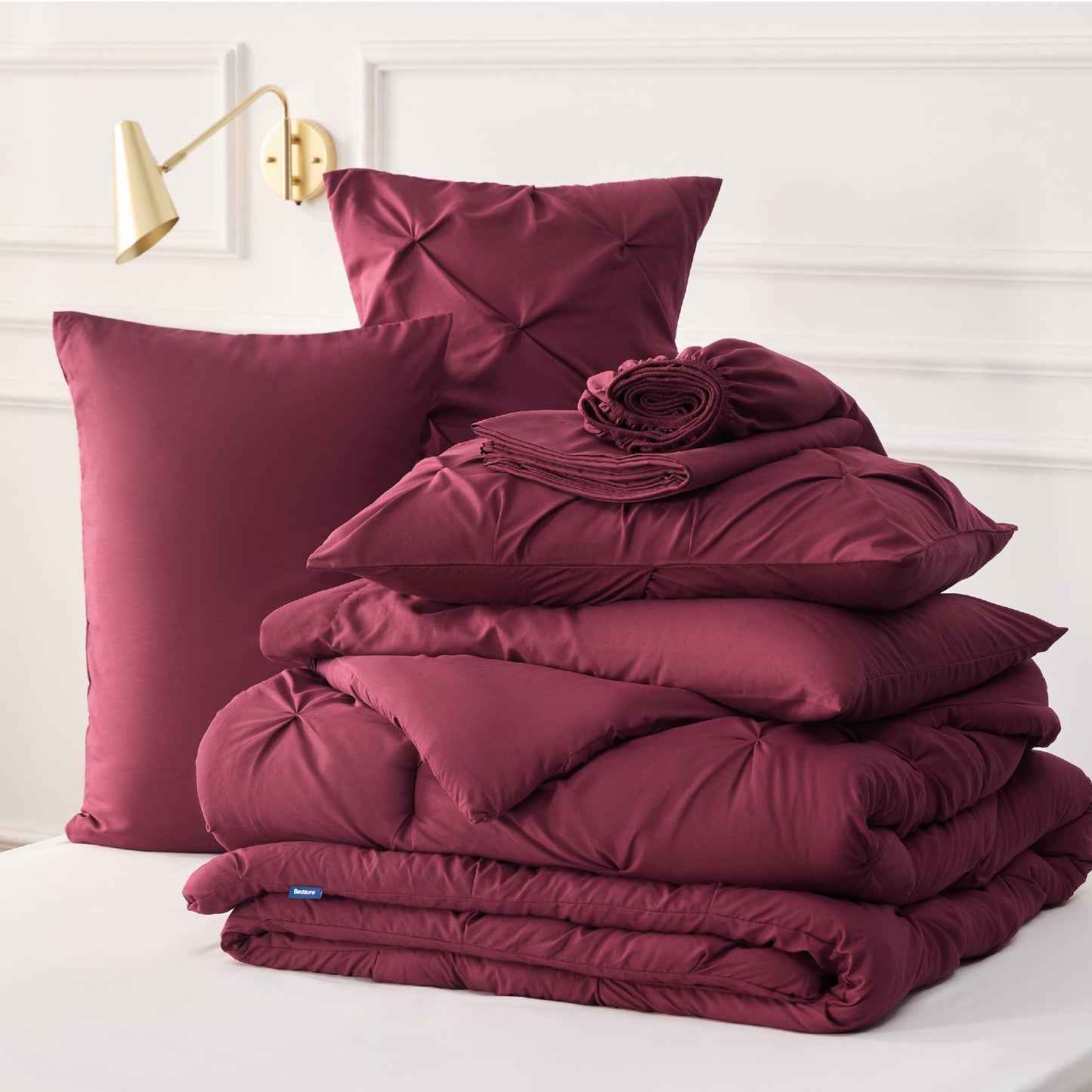 Bedsure Twin/Twin XL Comforter Set with Sheets - 5 Pieces Twin Bedding Sets, Pinch Pleat Burgundy Twin Bed in a Bag with Comforter, Sheets, Pillowcase & Sham